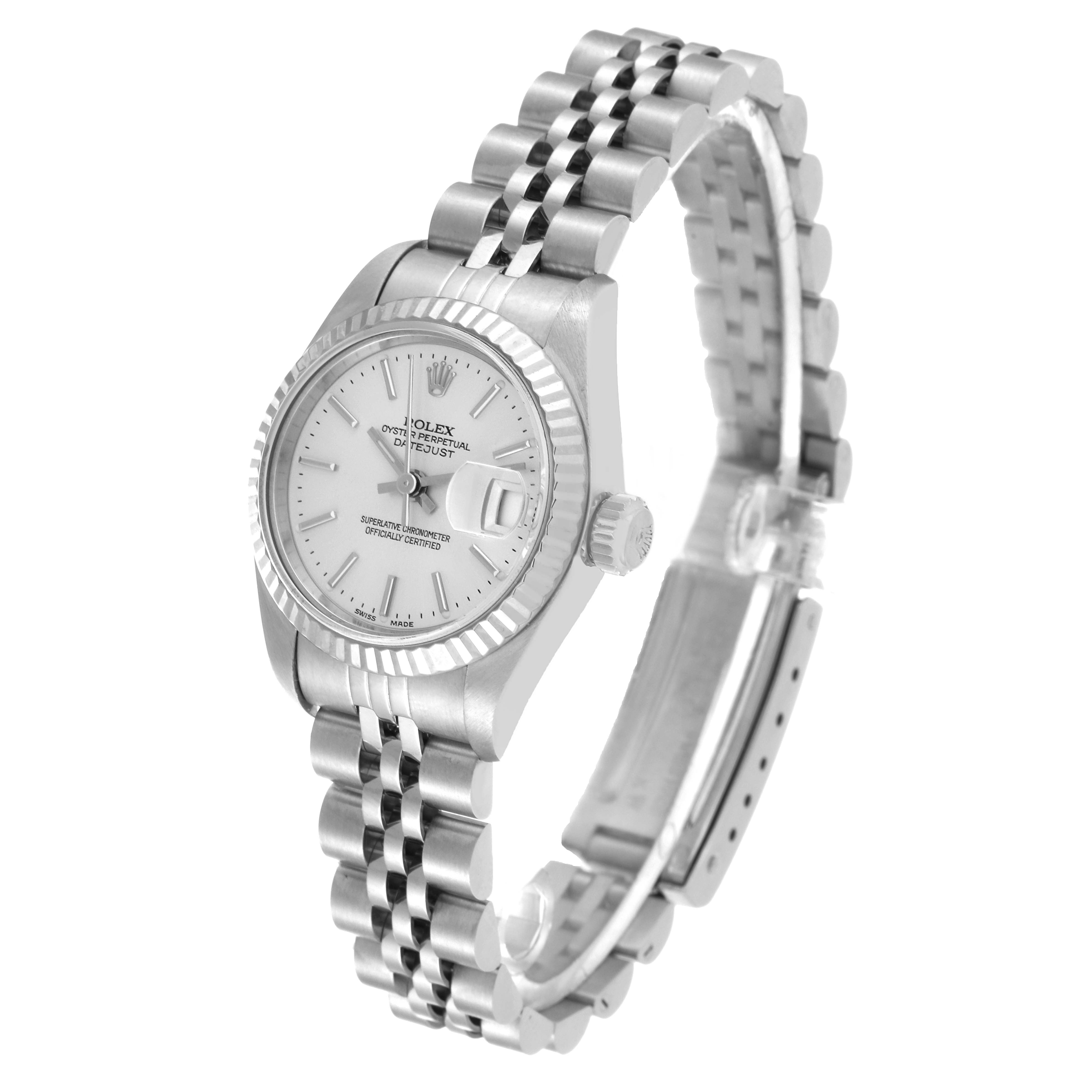 This image shows a Rolex Datejust 79174 Women's Stainless Steel Silver Dial 79174 Women's Stainless Steel Silver Dial watch from a three-quarter angle, highlighting the dial, bezel, bracelet, and clasp.