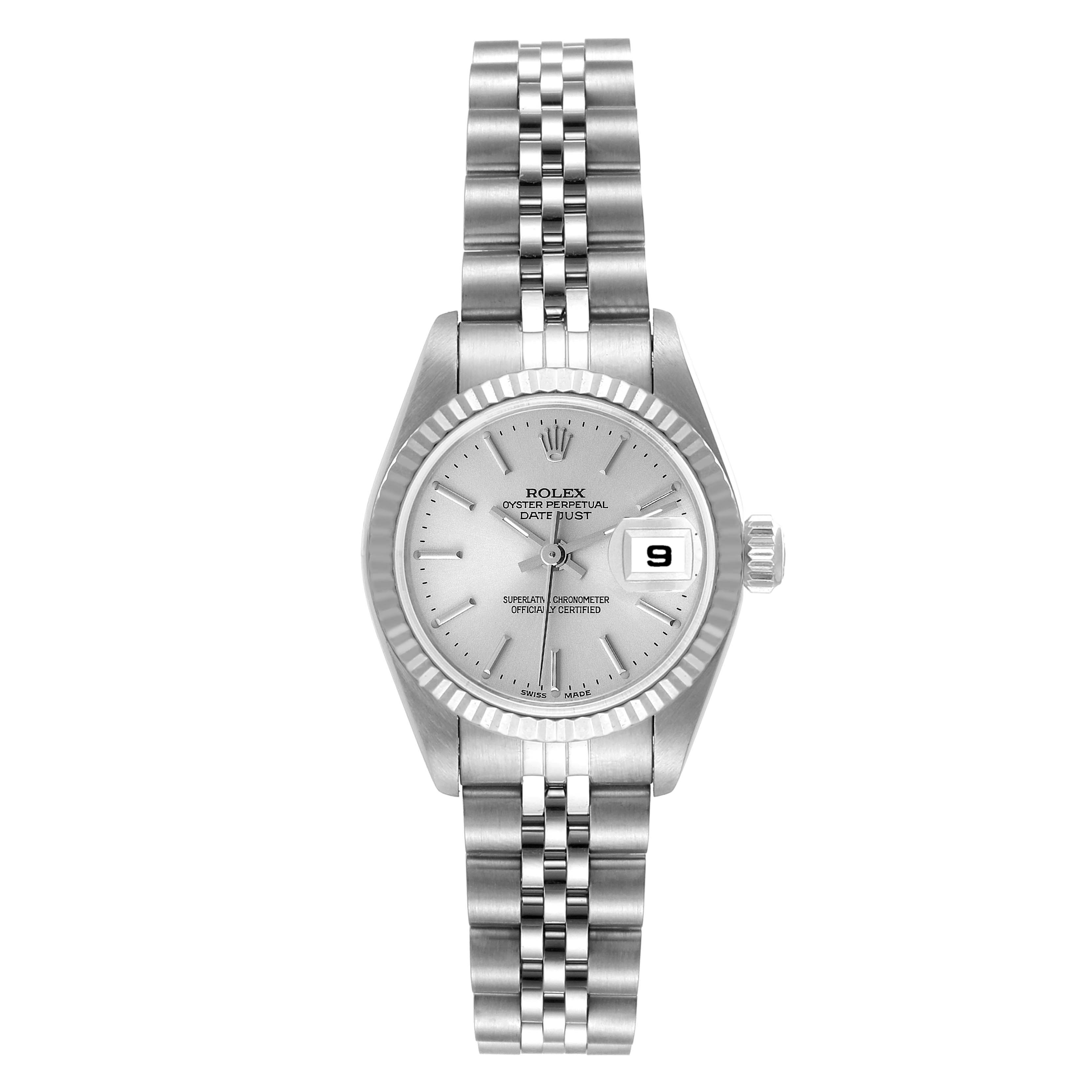 The image shows the front view of a Rolex Datejust 79174 Women's Stainless Steel Silver Dial 79174 Women's Stainless Steel Silver Dial watch, highlighting its dial, bracelet, and date display.