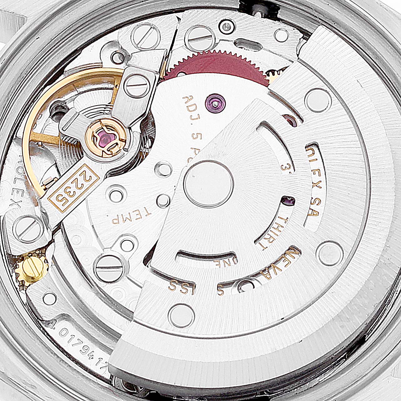 Close-up view of the Rolex Datejust 79174 Women's Stainless Steel Silver Dial 79174 Women's Stainless Steel Silver Dial model showing the intricate mechanical movement and parts.