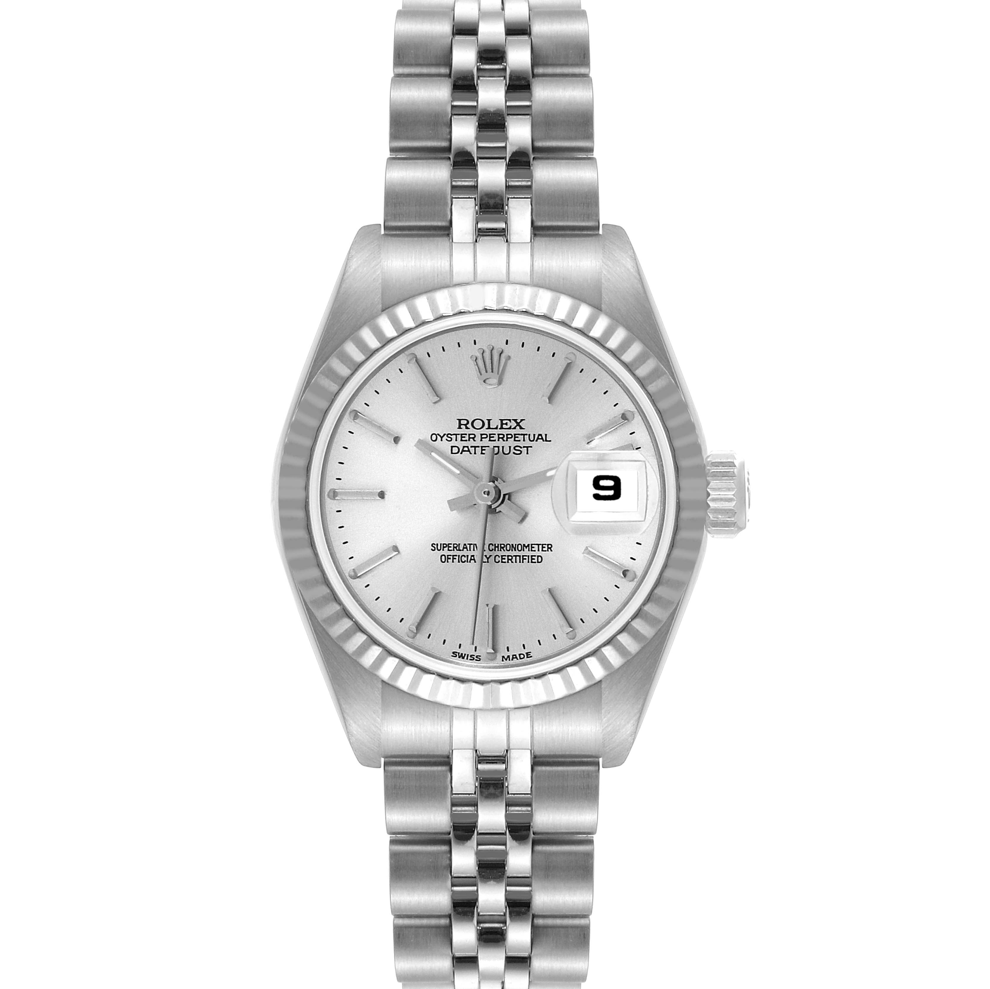 The image shows a head-on view of a Rolex Datejust 79174 Women's Stainless Steel Silver Dial 79174 Women's Stainless Steel Silver Dial watch featuring its face, bezel, crown, and part of the bracelet.