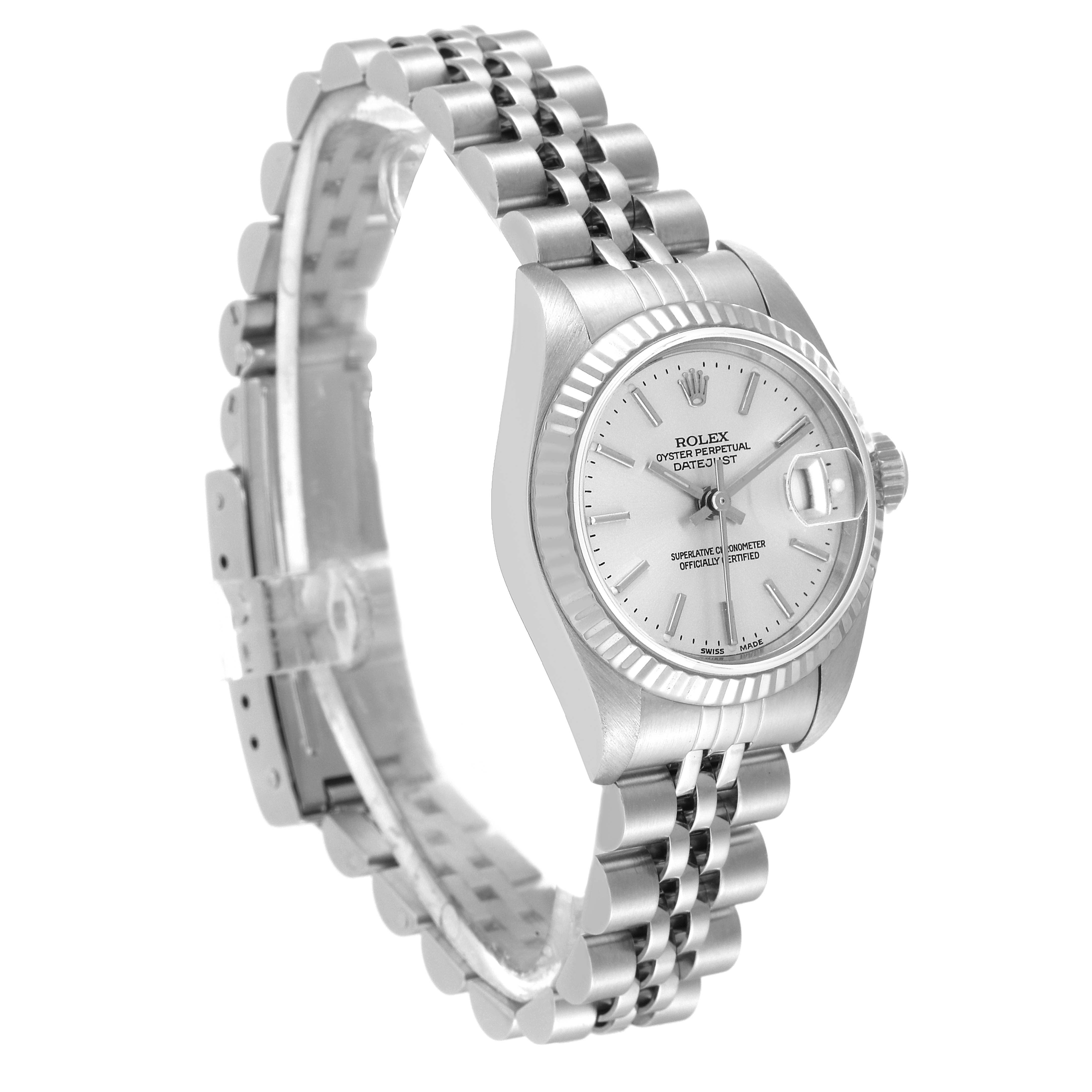 This image shows a side angle of the Rolex Datejust 79174 Women's Stainless Steel Silver Dial 79174 Women's Stainless Steel Silver Dial watch, displaying its dial, bezel, and bracelet.