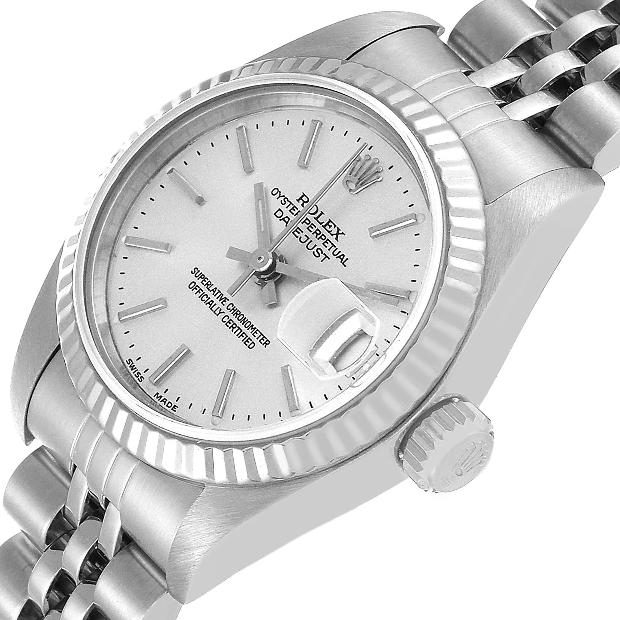 This image shows a close-up angle of the Rolex Datejust 79174 Women's Stainless Steel Silver Dial 79174 Women's Stainless Steel Silver Dial watch face, crown, and part of the bracelet.