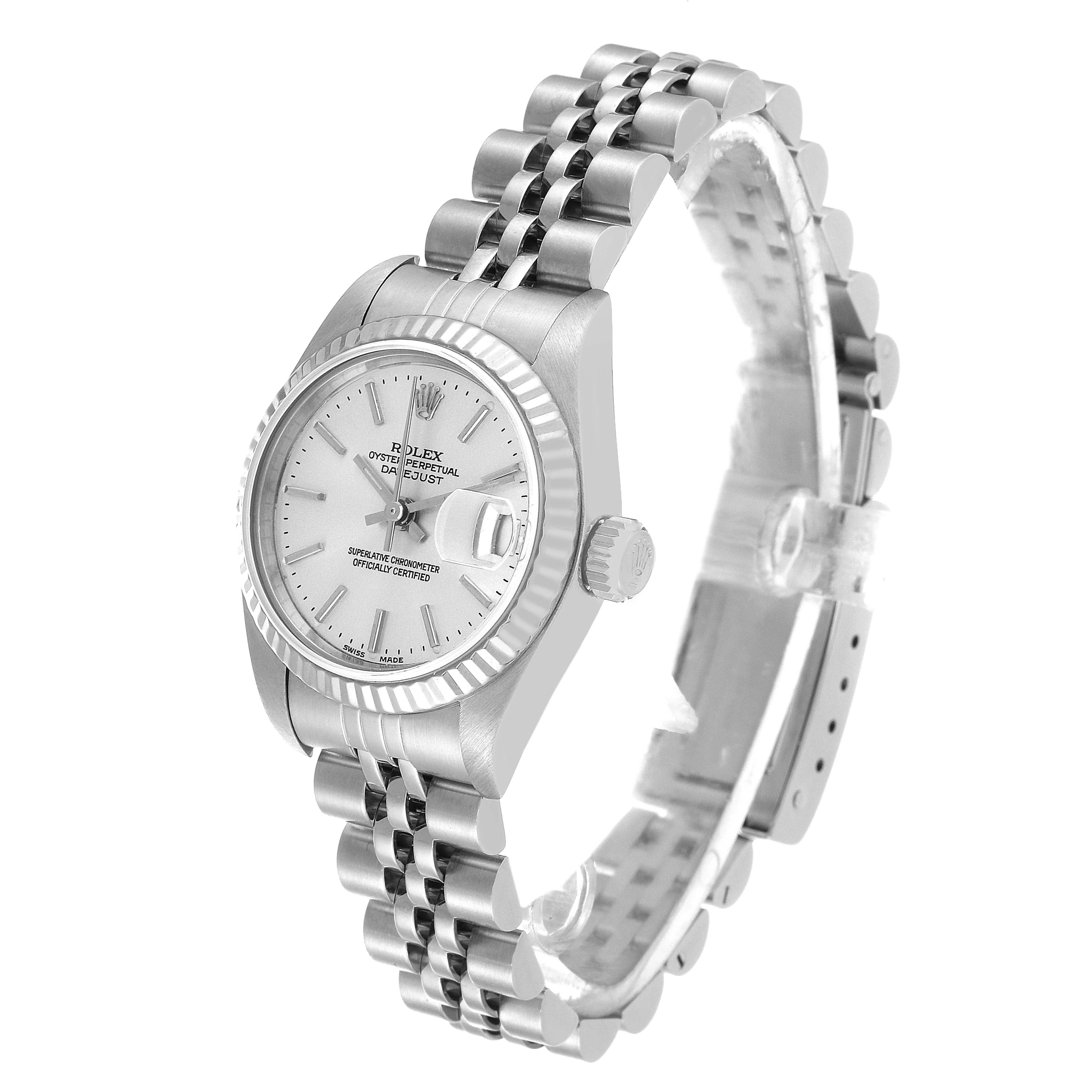 The Rolex Datejust 79174 Women's Stainless Steel Silver Dial 79174 Women's Stainless Steel Silver Dial watch is shown at an angle highlighting the dial, fluted bezel, crown, and Jubilee bracelet.