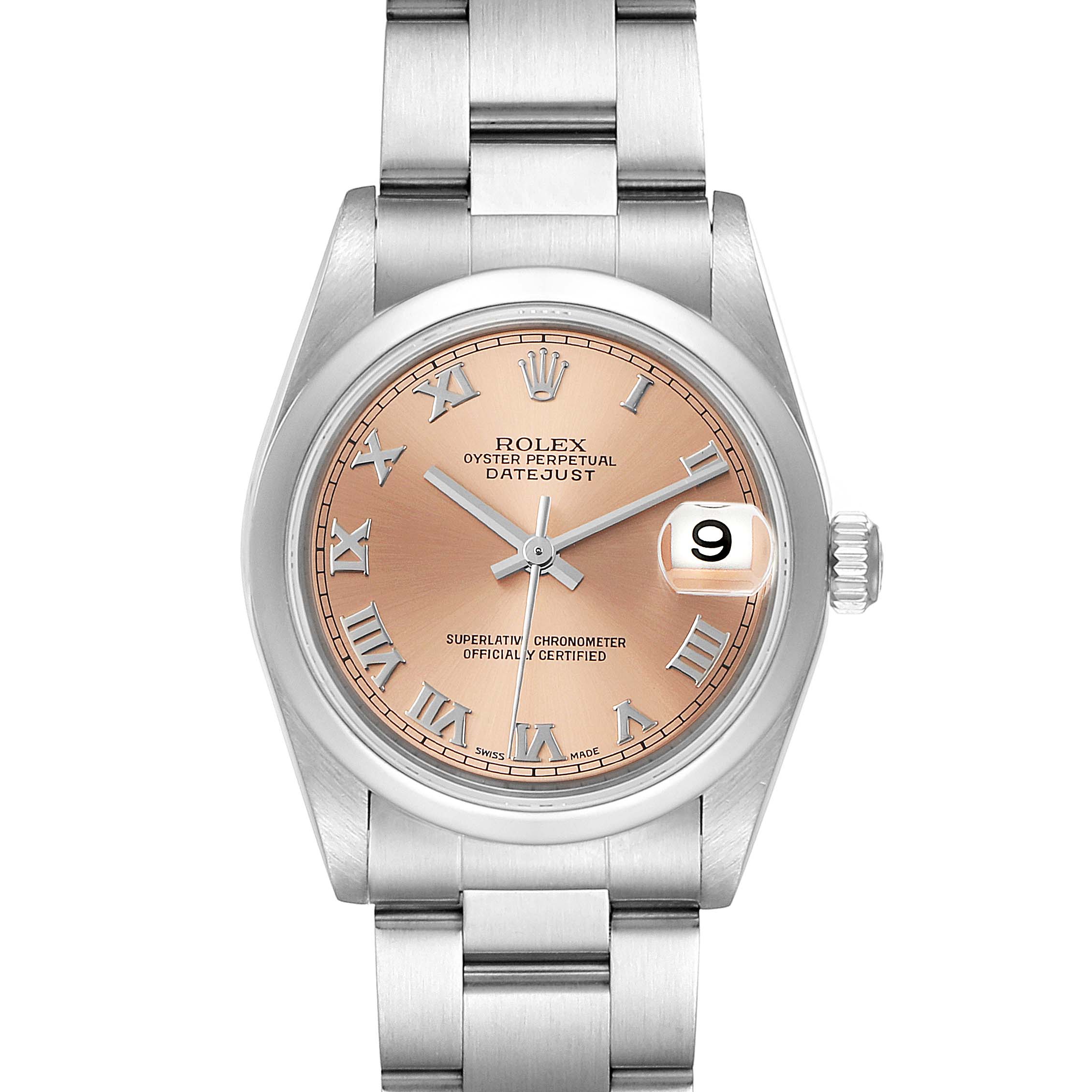 The image shows a front view of a Rolex Mid-Size 78240 Women's Stainless Steel Pink Dial 78240 Women's Stainless Steel Pink Dial Oyster Perpetual Datejust watch, highlighting the dial, bezel, and bracelet.