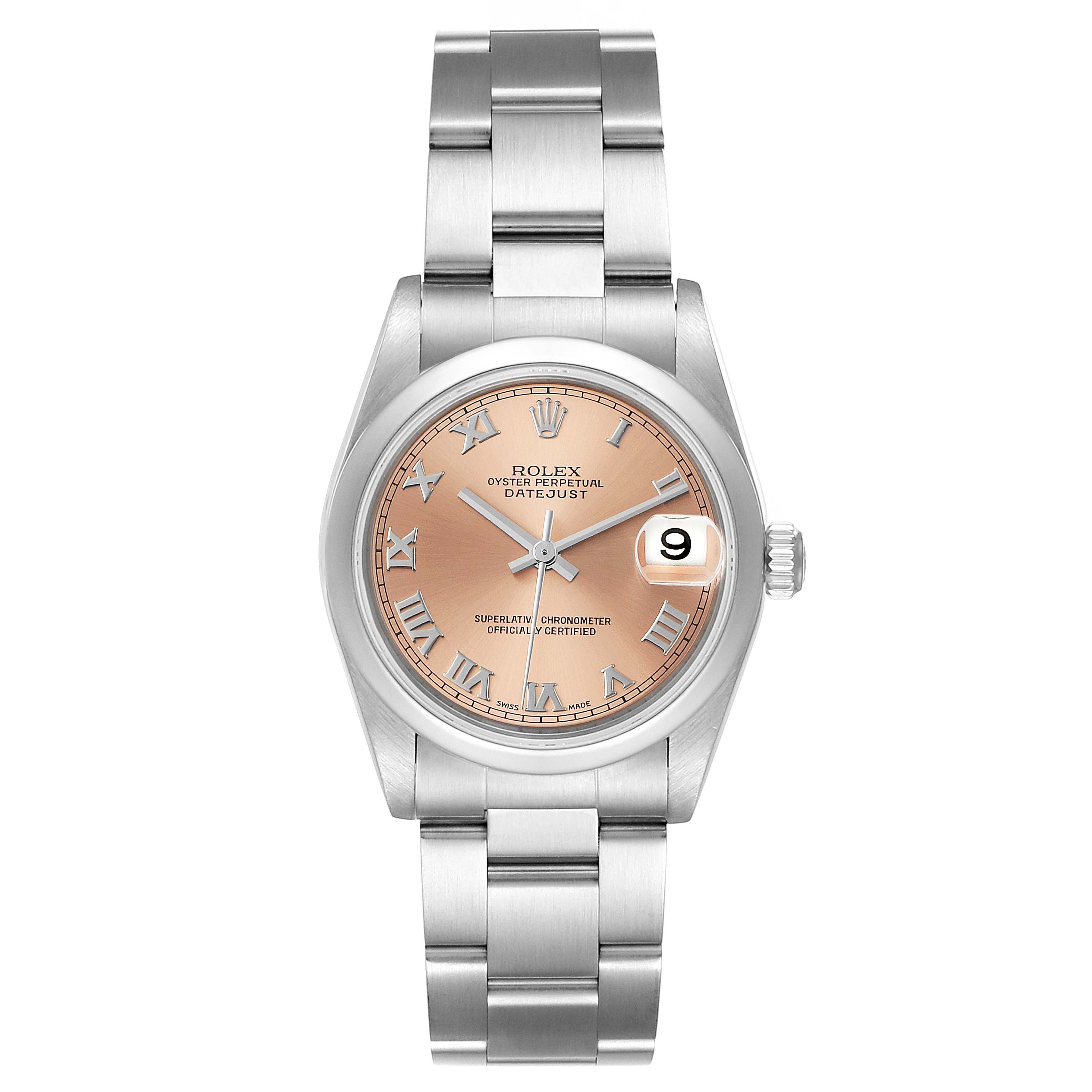 This image shows a frontal view of a Rolex Mid-Size 78240 Women's Stainless Steel Pink Dial 78240 Women's Stainless Steel Pink Dial Oyster Perpetual Datejust watch with a pink dial and stainless steel bracelet.