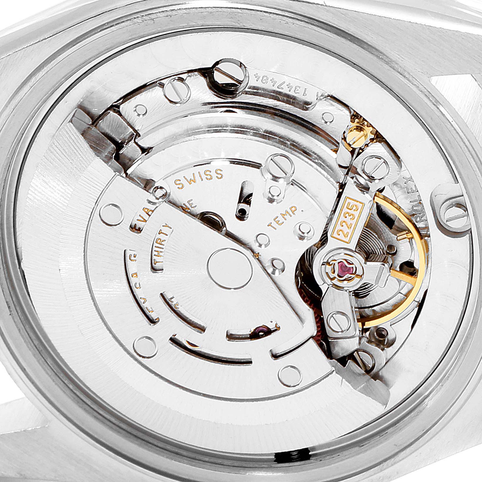 This image shows the back view of the Rolex Mid-Size 78240 Women's Stainless Steel Pink Dial 78240 Women's Stainless Steel Pink Dial model, highlighting its intricate movement and internal mechanisms.