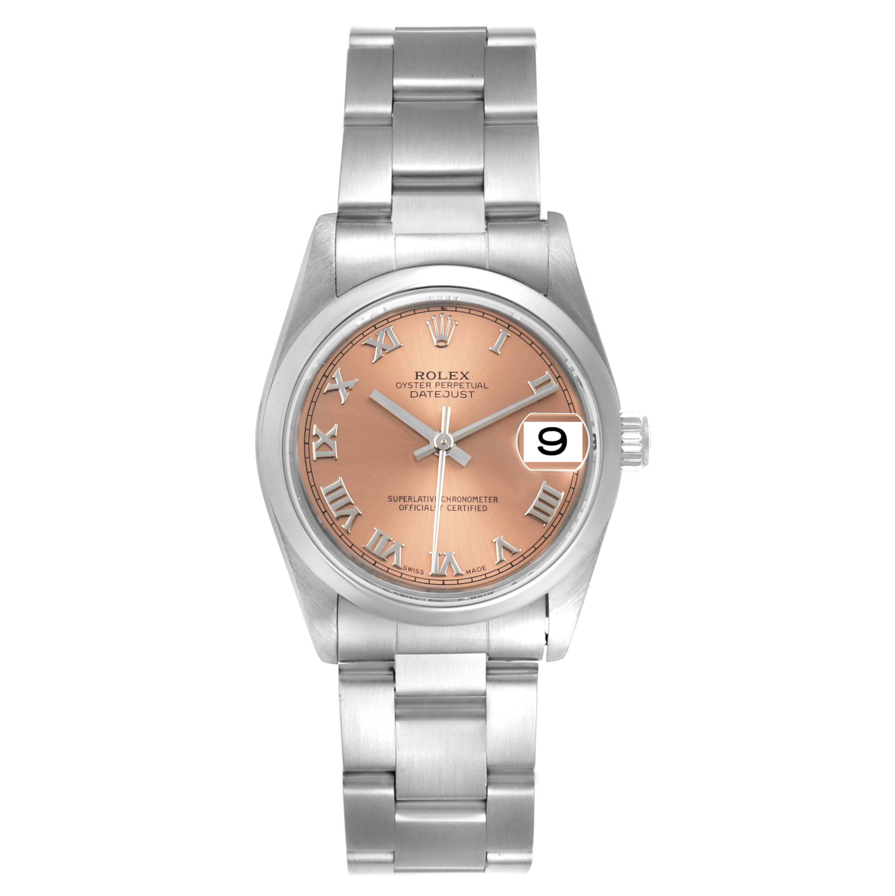 This image shows a front view of a Mid-Size Rolex Datejust watch featuring a stainless steel bracelet and a champagne dial.
