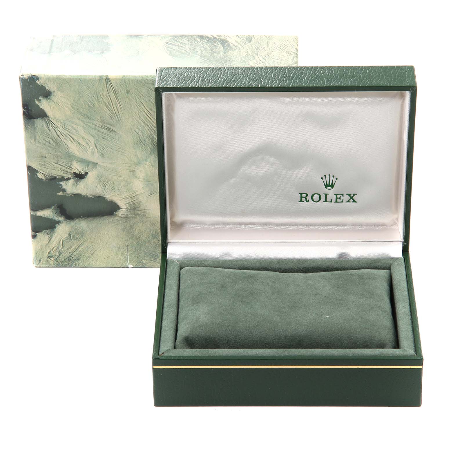 The image shows an open Rolex watch box with a cushion, with the outer packaging nearby.