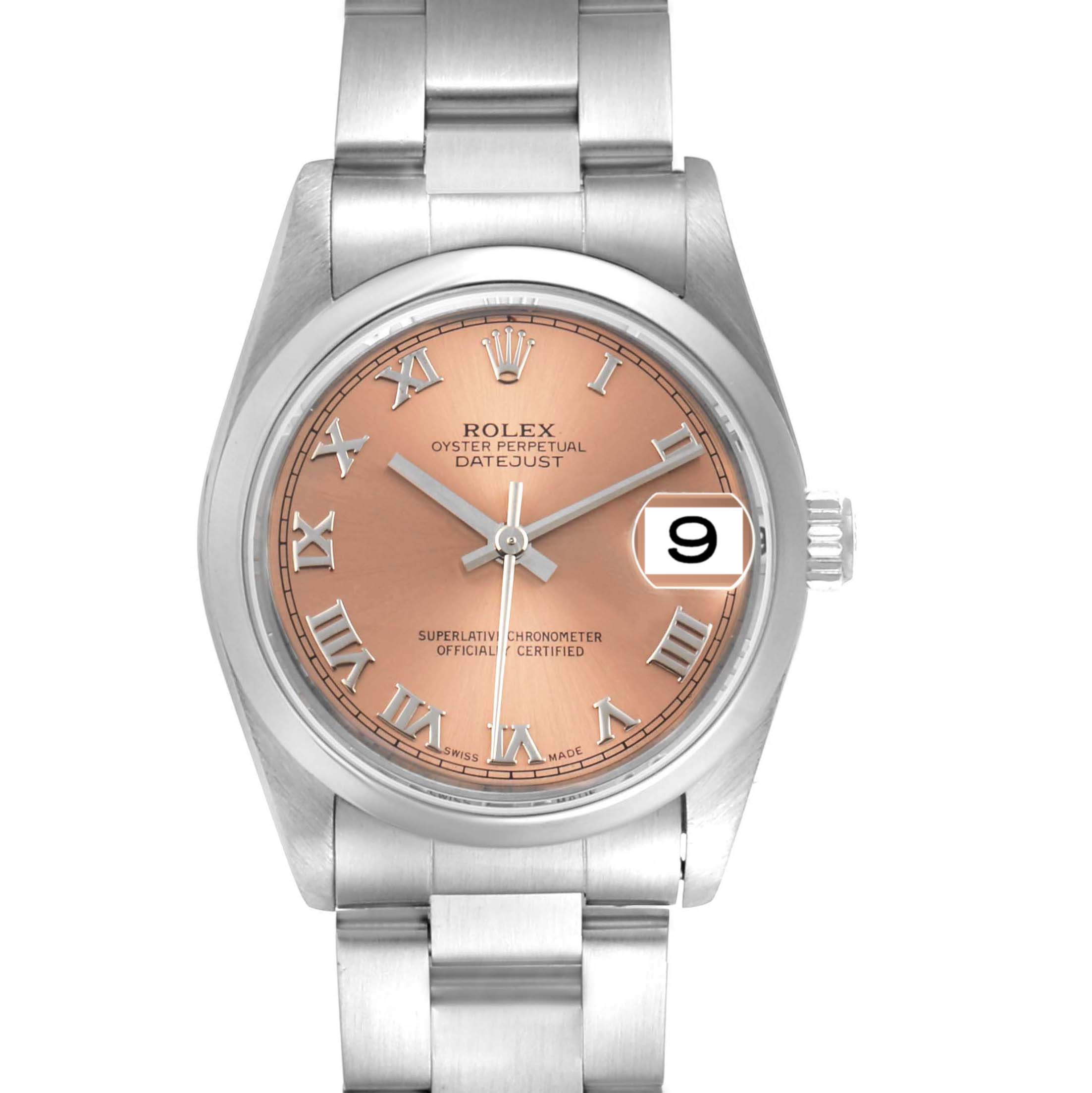 The image shows a front view of the Rolex Datejust Mid-Size watch, highlighting its face, bezel, and part of the band.