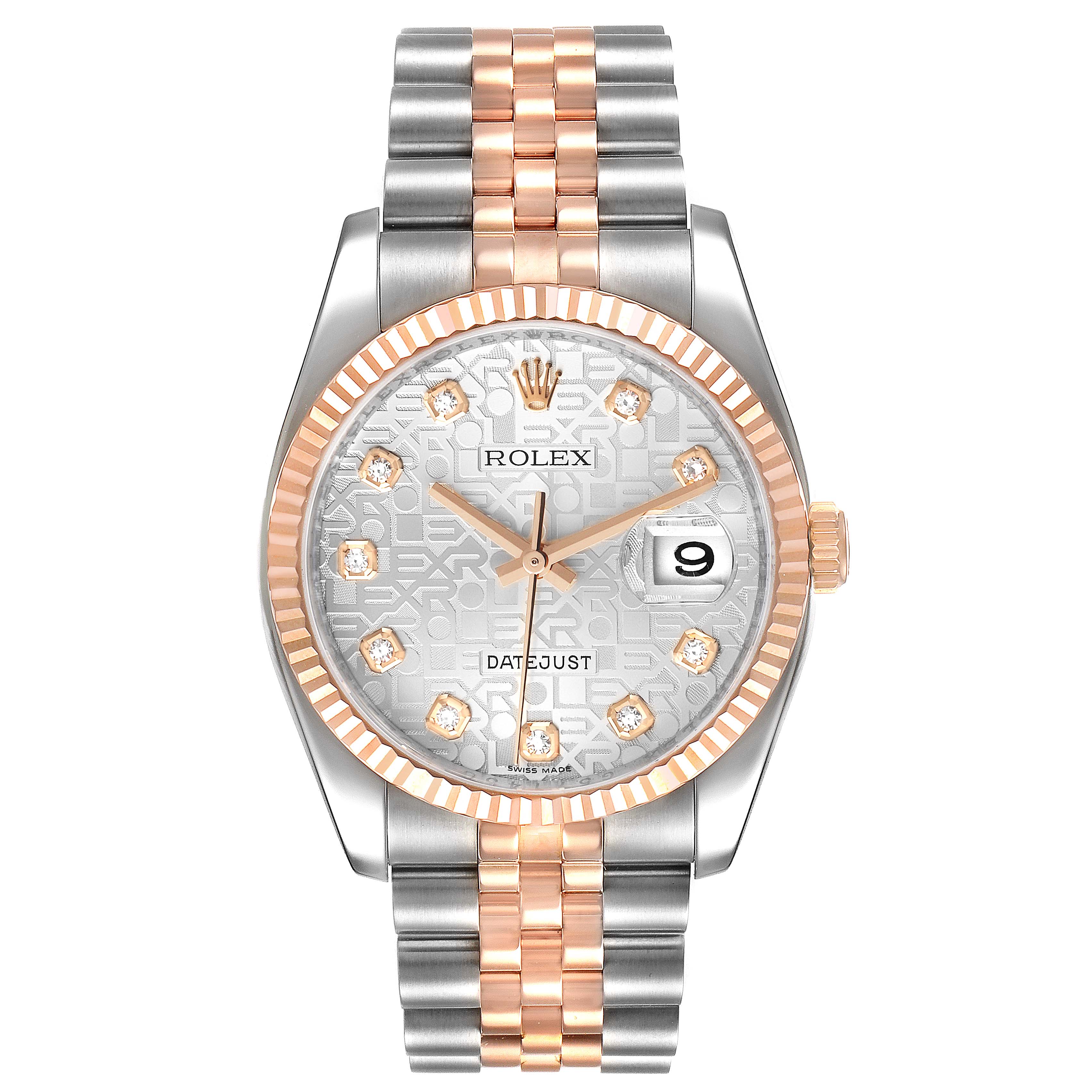 The image shows a front view of a Rolex Datejust 116231 Men's Steel and Gold (two tone) Silver Dial 116231 Men's Steel and Gold (two tone) Silver Dial watch, highlighting the dial, fluted bezel, and Jubilee bracelet.