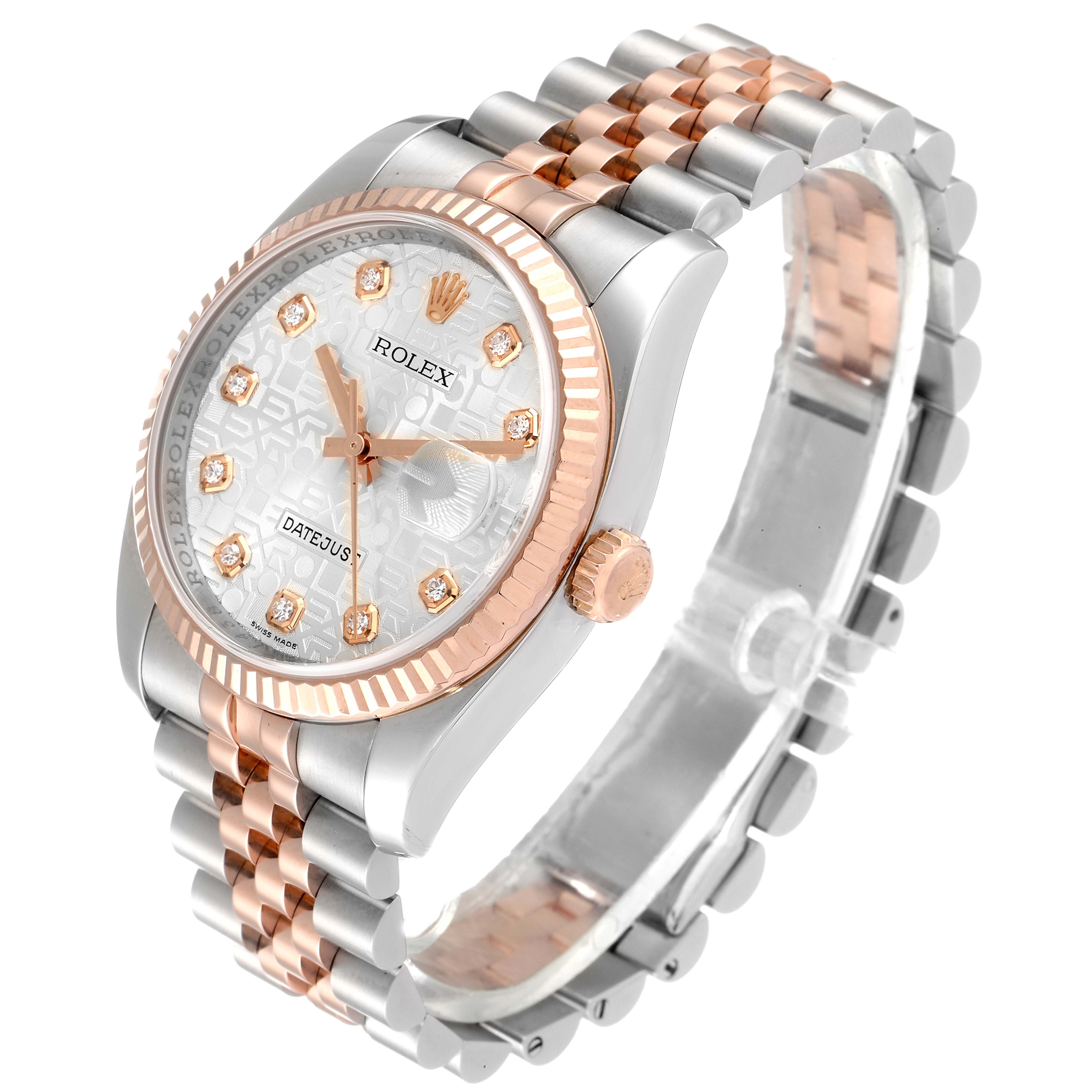 This image shows a Rolex Datejust 116231 Men's Steel and Gold (two tone) Silver Dial 116231 Men's Steel and Gold (two tone) Silver Dial watch angled from the top right, displaying its face, crown, and two-tone bracelet.