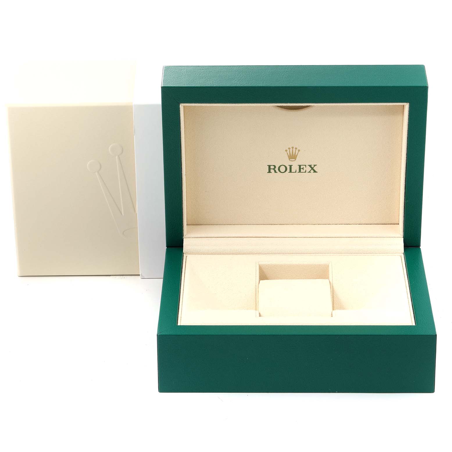 The image shows an open Rolex Datejust 116231 Men's Steel and Gold (two tone) Silver Dial 116231 Men's Steel and Gold (two tone) Silver Dial model watch box with a green exterior and cream interior.
