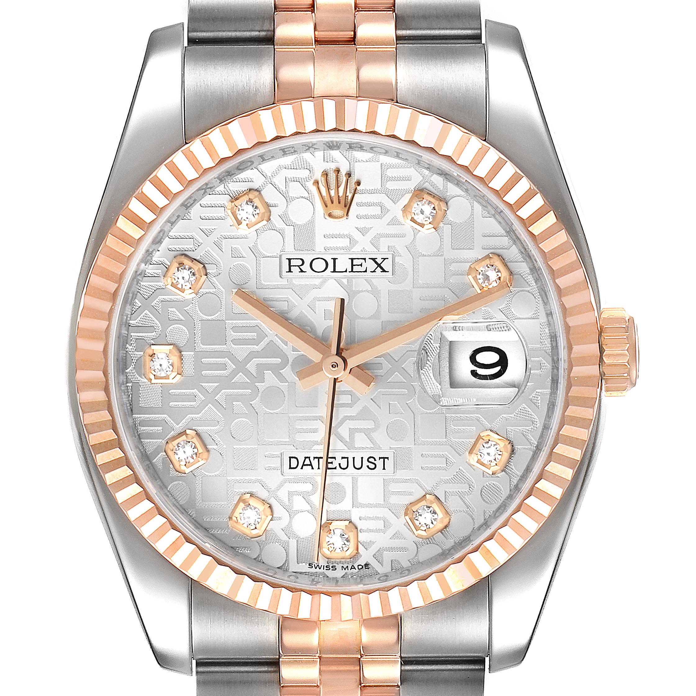 The image shows a close-up of a Rolex Datejust 116231 Men's Steel and Gold (two tone) Silver Dial 116231 Men's Steel and Gold (two tone) Silver Dial watch, displaying its dial, bezel, and part of the bracelet.