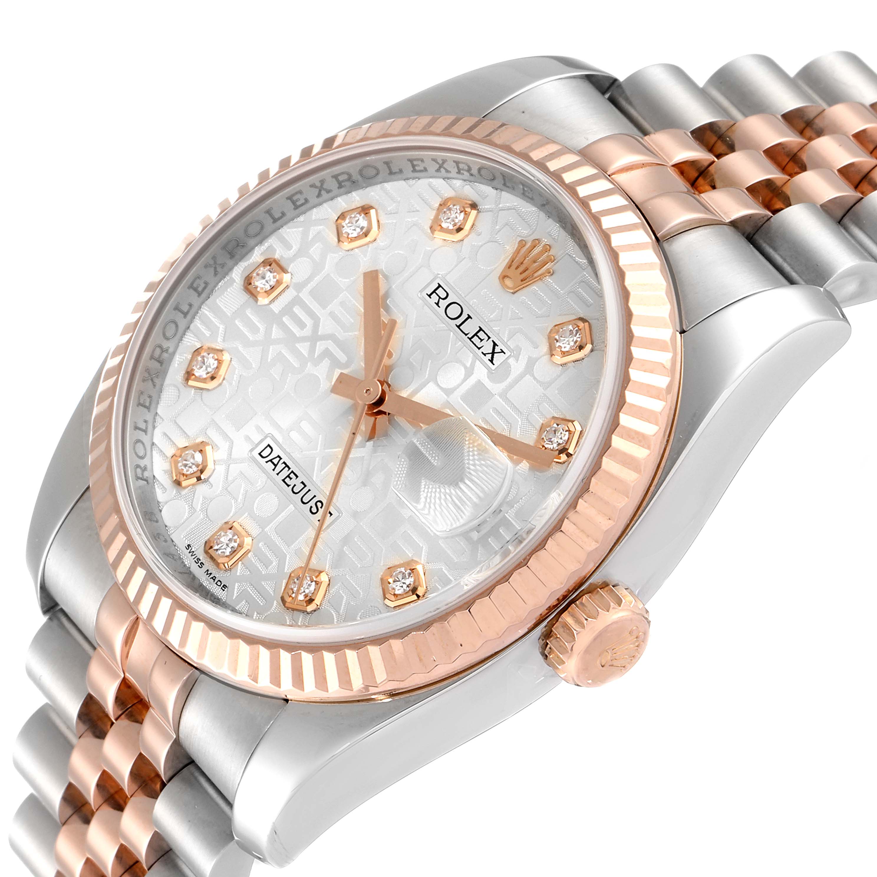 The Rolex Datejust 116231 Men's Steel and Gold (two tone) Silver Dial 116231 Men's Steel and Gold (two tone) Silver Dial watch is shown at an angled close-up, highlighting the face, crown, and part of the bracelet.