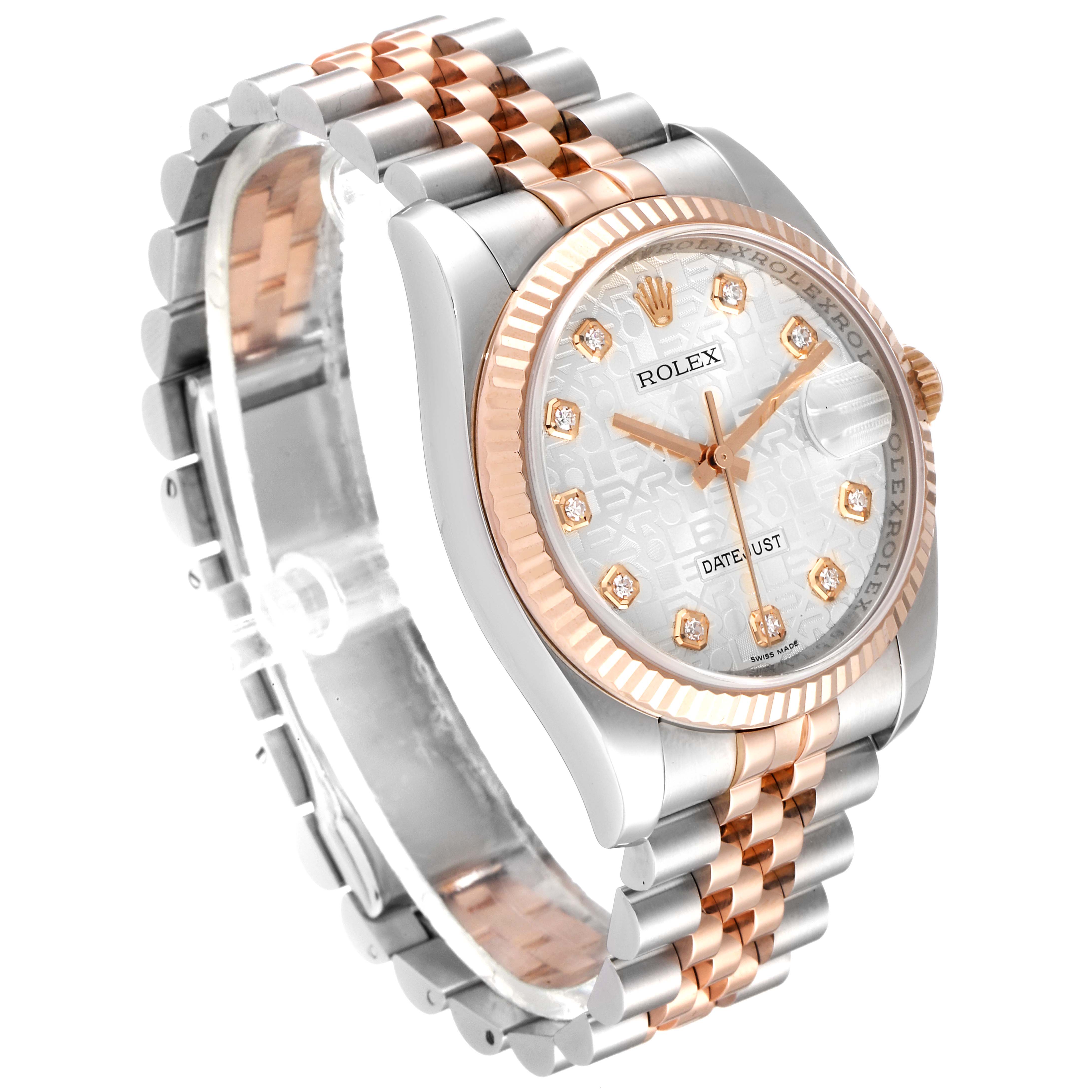 This image shows a Rolex Datejust 116231 Men's Steel and Gold (two tone) Silver Dial 116231 Men's Steel and Gold (two tone) Silver Dial watch at a three-quarter angle, highlighting the face, bezel, and bracelet.