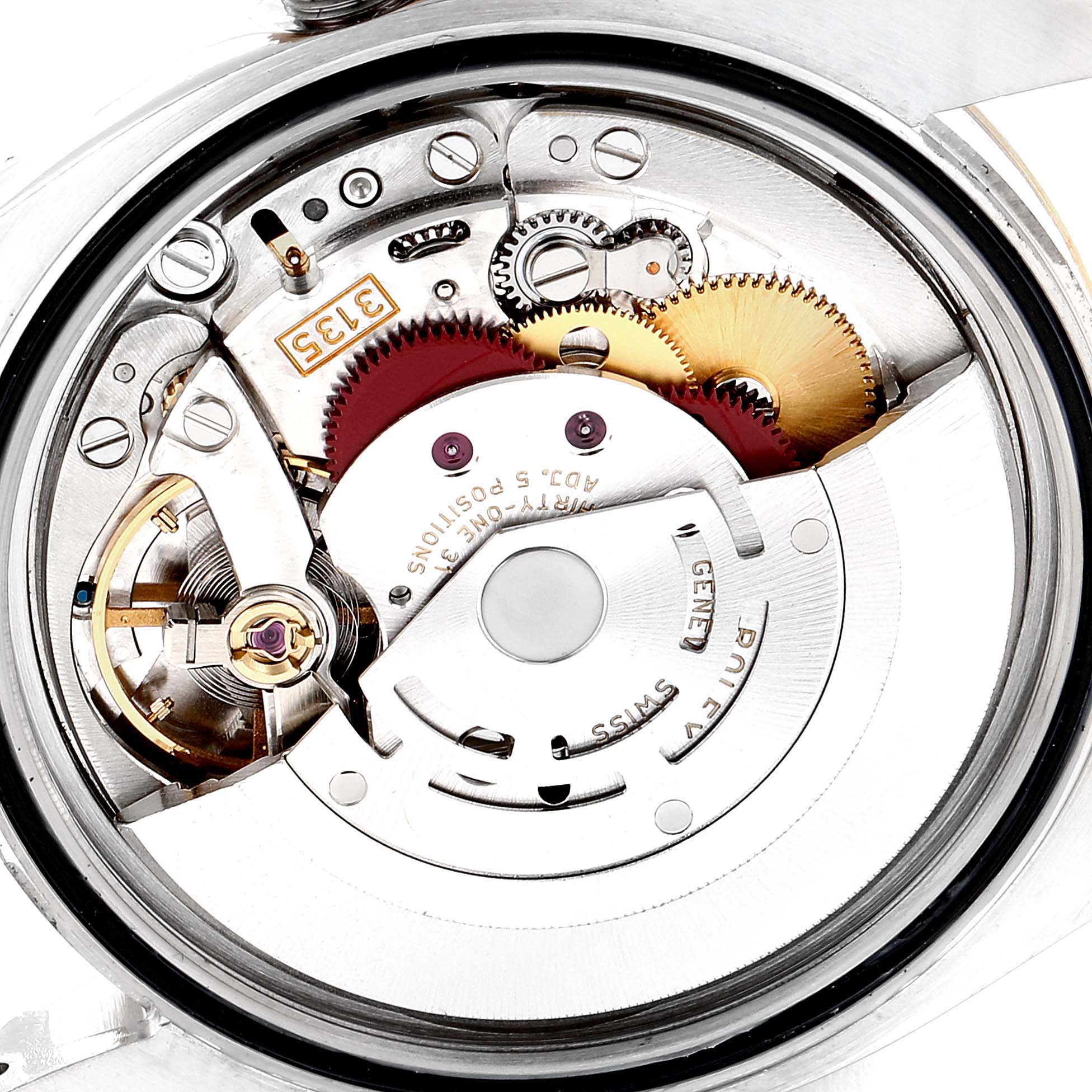 This image shows the internal mechanism of a Rolex Datejust 116231 Men's Steel and Gold (two tone) Silver Dial 116231 Men's Steel and Gold (two tone) Silver Dial watch from a close-up angle.