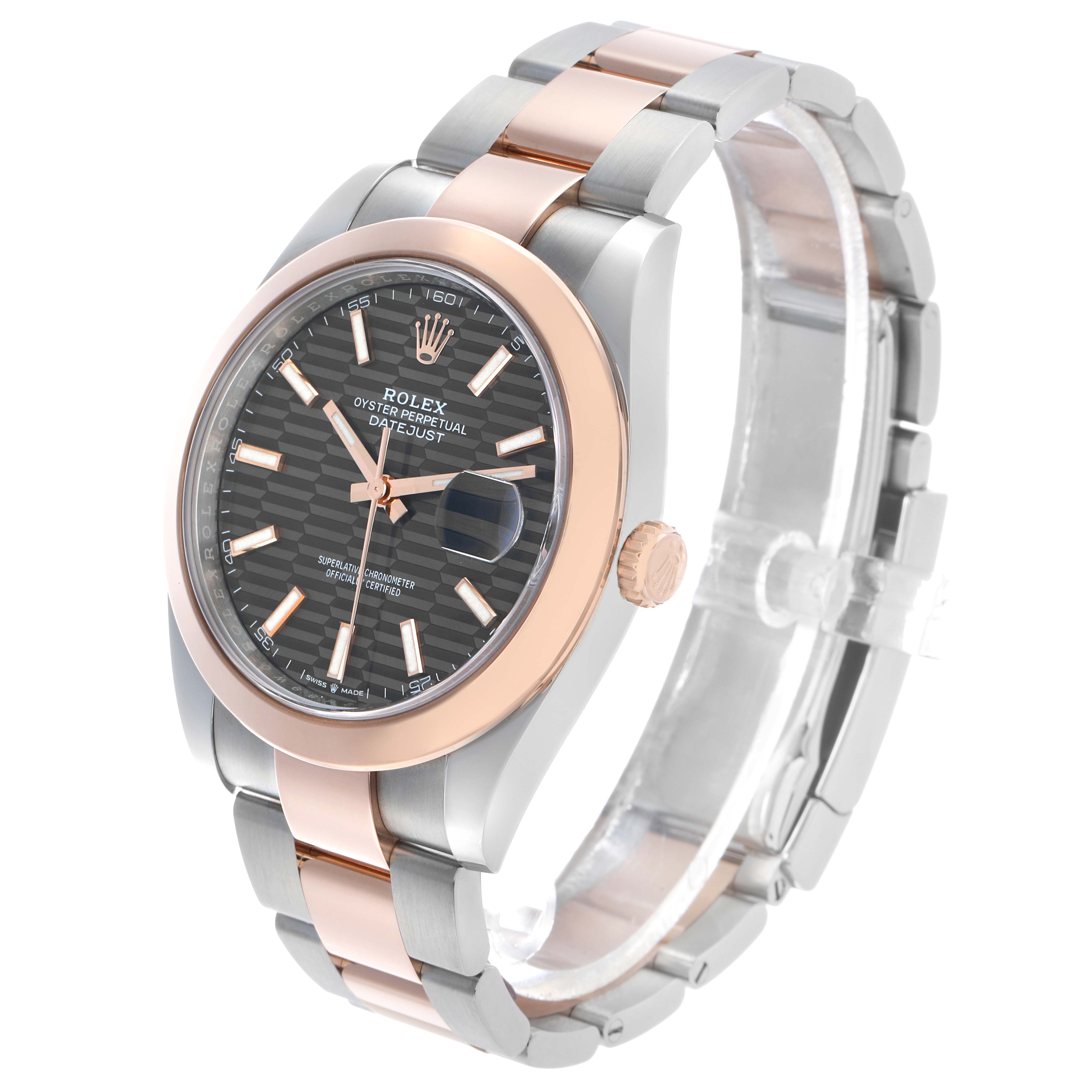 The Rolex Datejust 41 126301 Men's Steel and Gold (two tone) Grey Dial is shown at a three-quarter angle, highlighting the face, bezel, and two-tone bracelet.