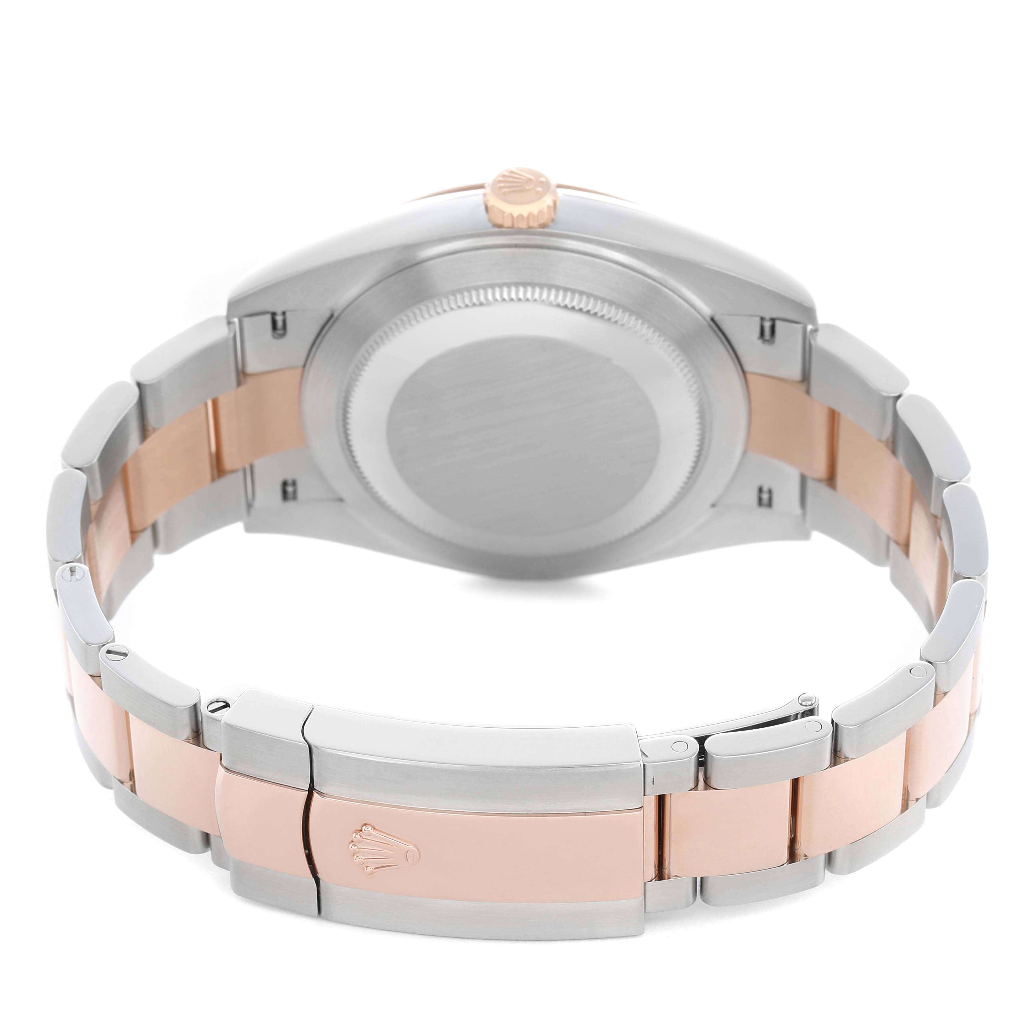 The Rolex Datejust 41 126301 Men's Steel and Gold (two tone) Grey Dial watch is shown from the back, highlighting the bracelet and case back.