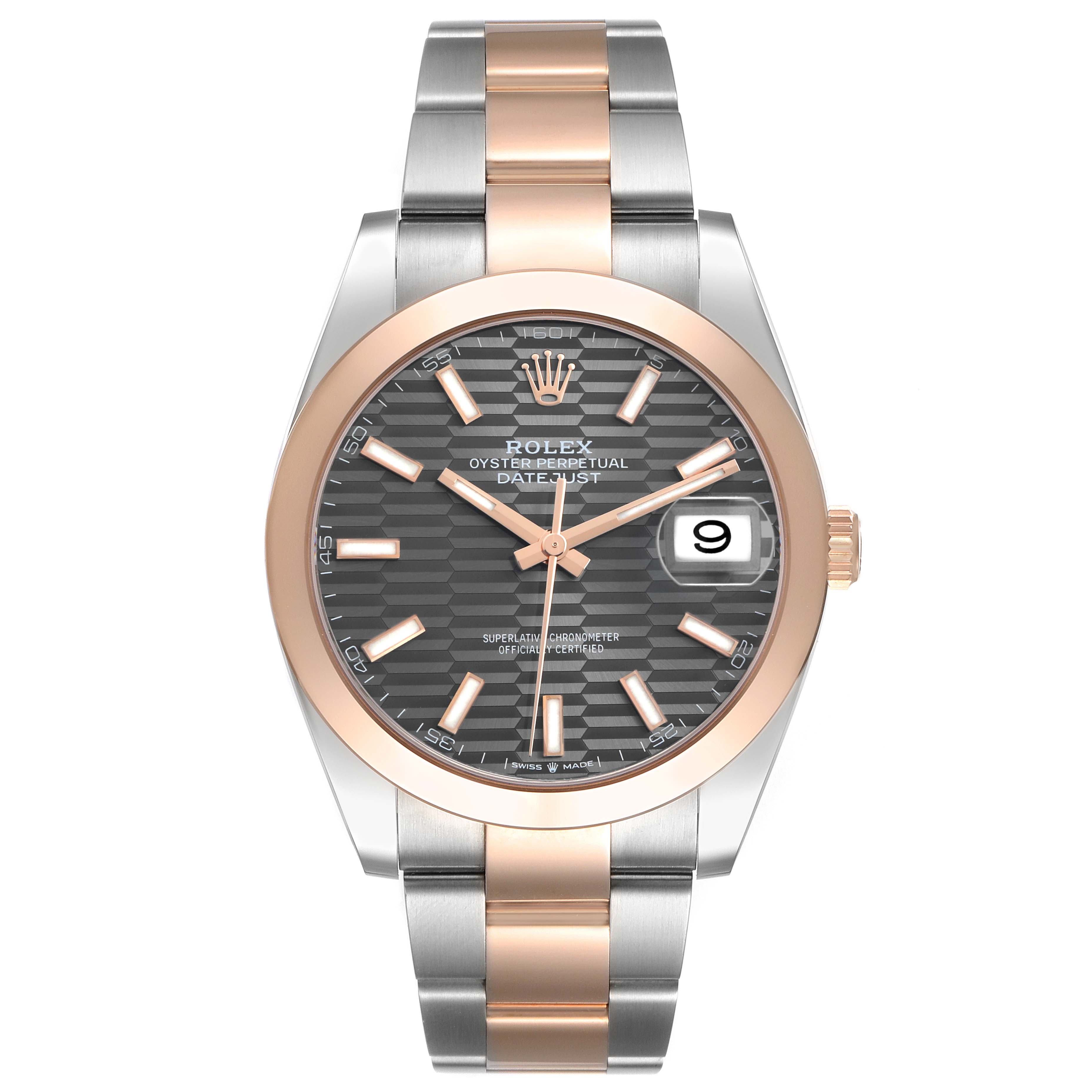 The Rolex Datejust 41 126301 Men's Steel and Gold (two tone) Grey Dial model is shown from a front angle, displaying its dial, bezel, and bracelet.