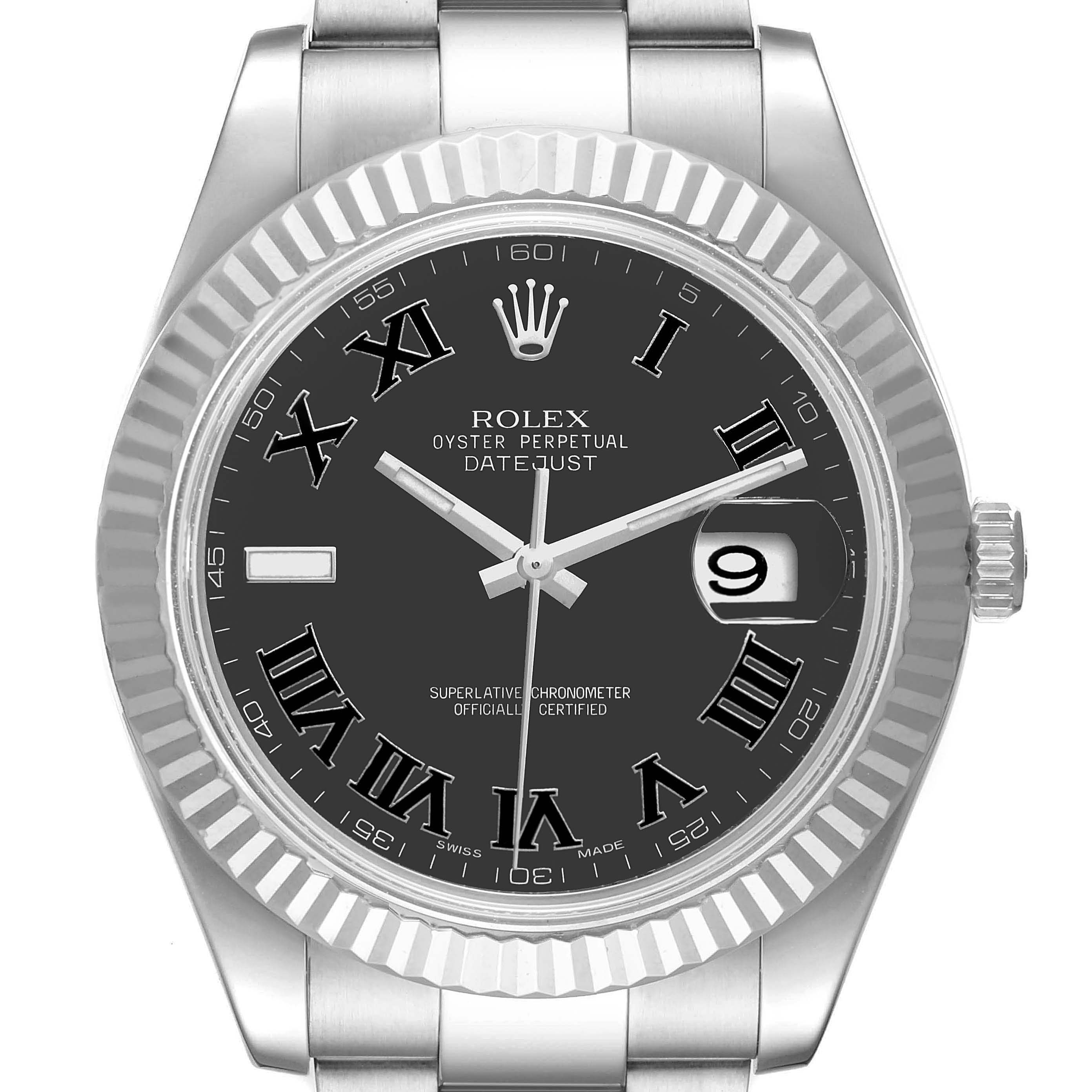 The image displays a front view of the Rolex Datejust 41 116334 Men
s Stainless Steel Grey Dial 116334 Men
s Stainless Steel Grey Dial watch, showing the dial, bezel, crown, and part of the bracelet.