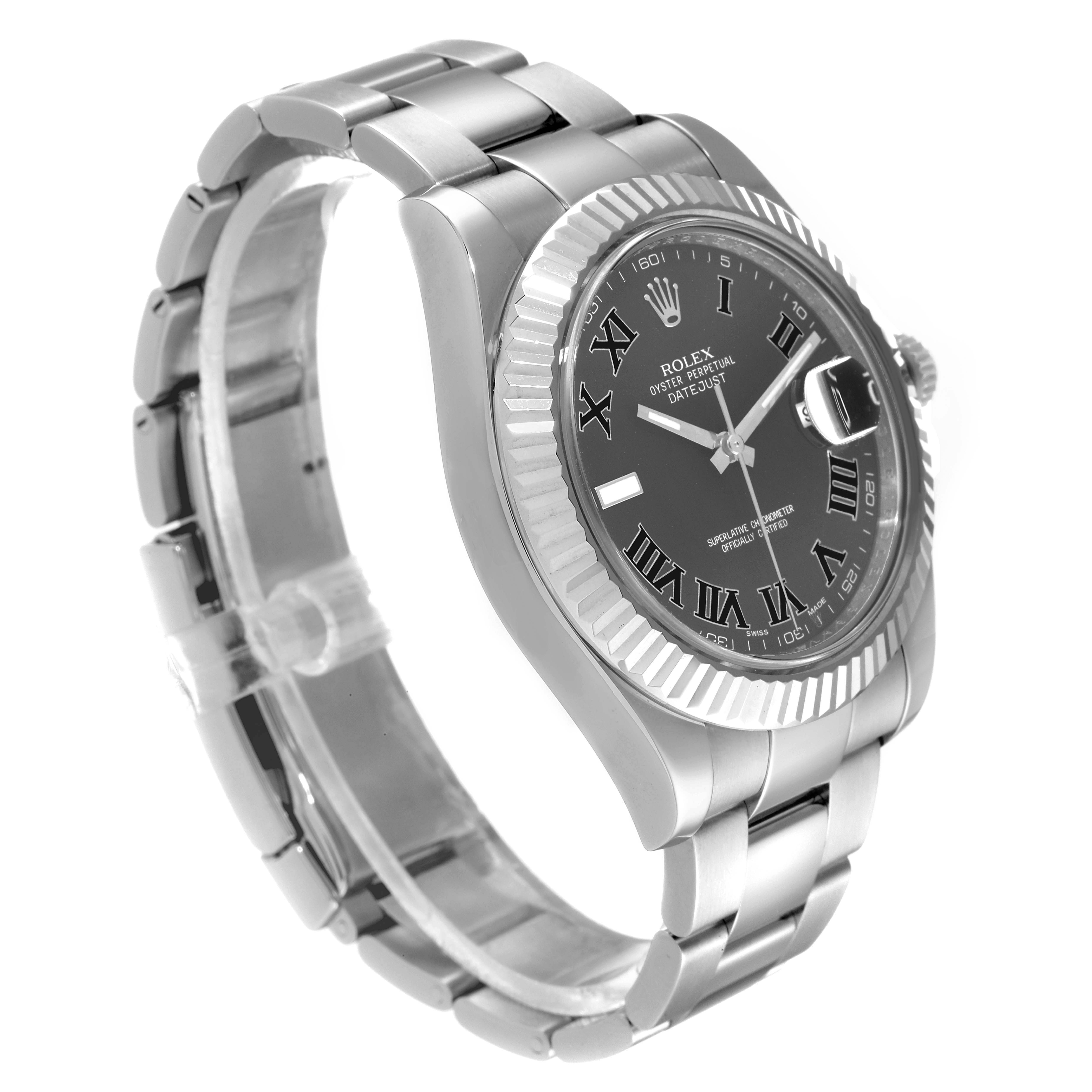 This Rolex Datejust 41 116334 Men
s Stainless Steel Grey Dial 116334 Men
s Stainless Steel Grey Dial watch is shown at an oblique angle, highlighting the face, bezel, and part of the bracelet.