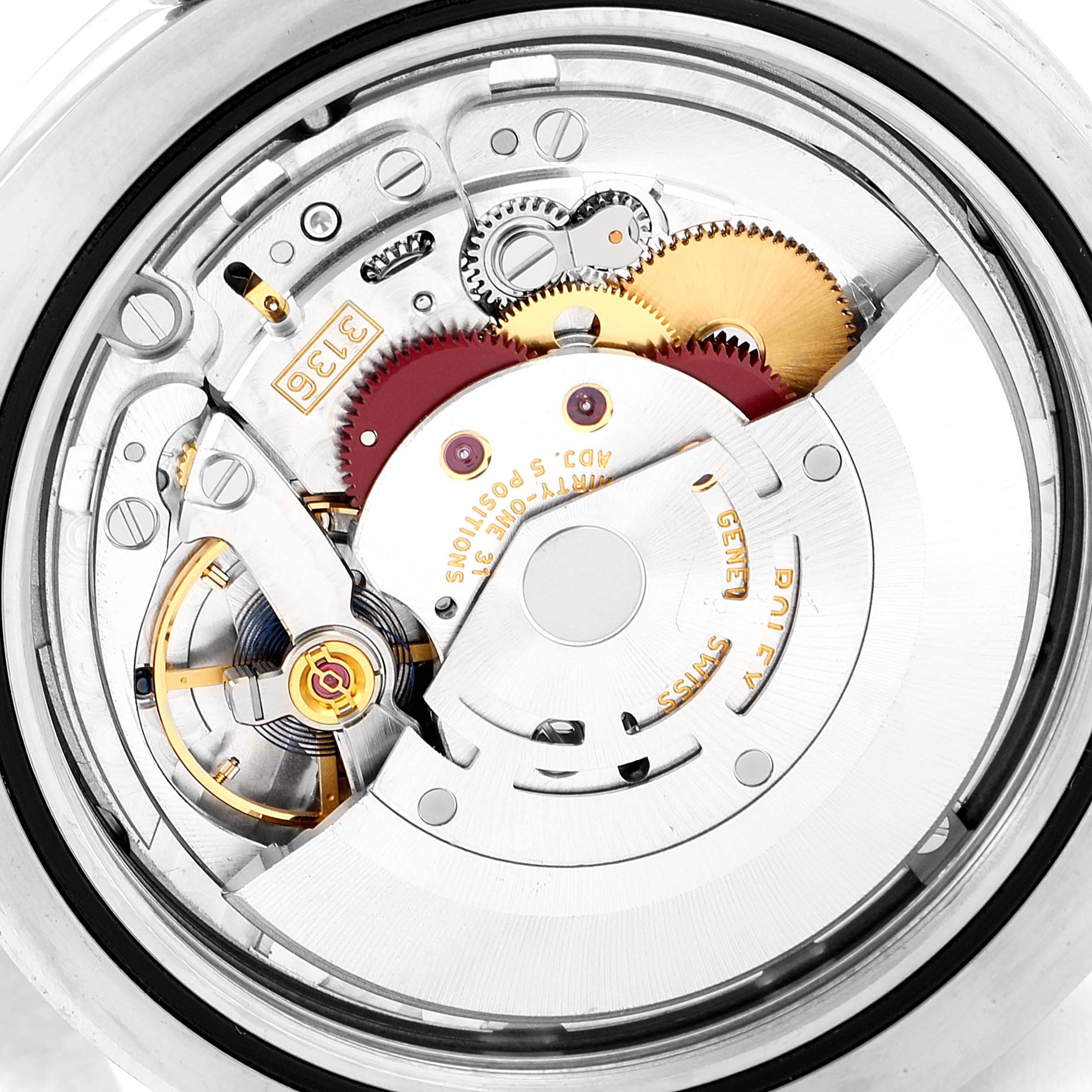 This image shows the back view of the Rolex Datejust 41 116334 Men
s Stainless Steel Grey Dial 116334 Men
s Stainless Steel Grey Dial revealing its intricate mechanical movement parts.