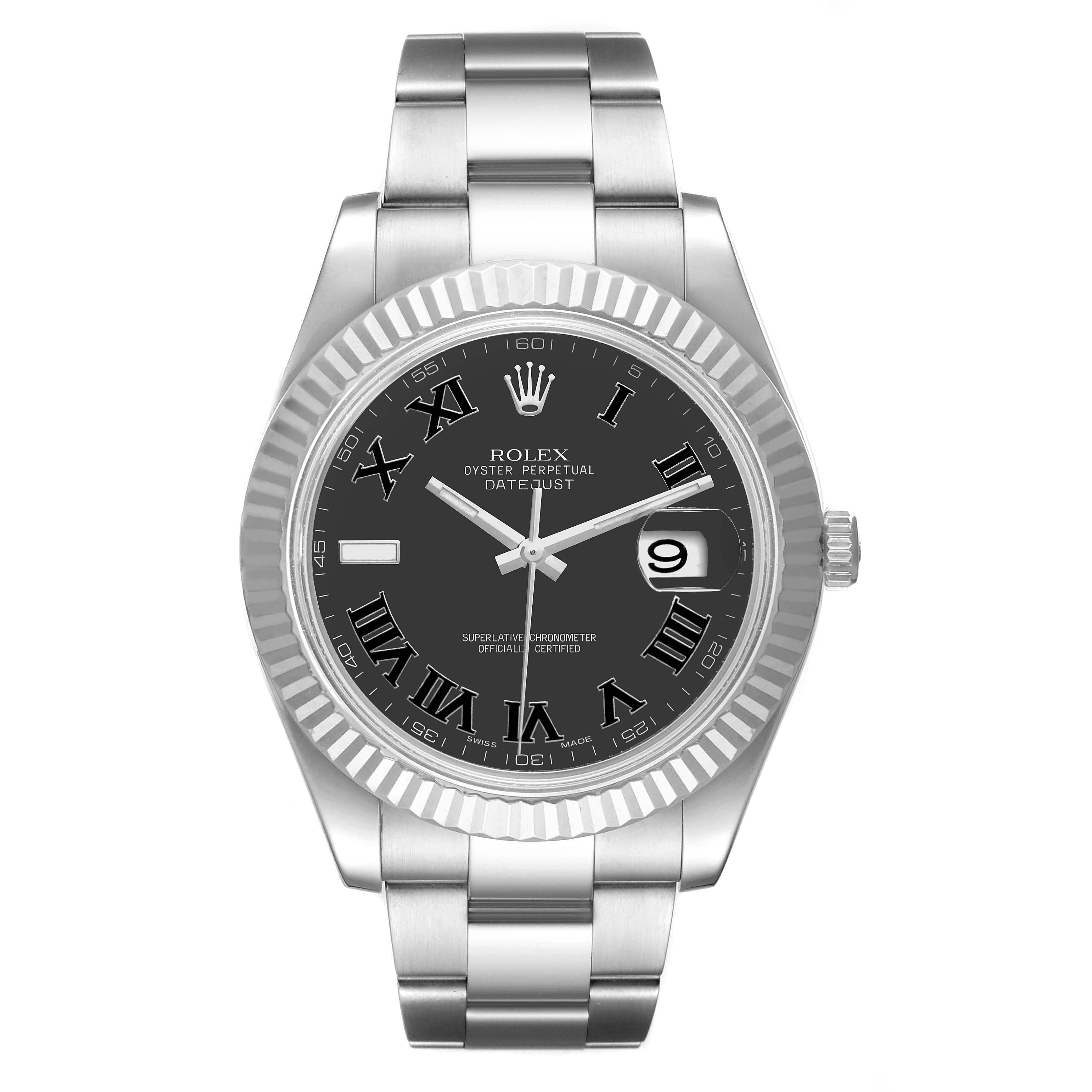 The Rolex Datejust 41 116334 Men
s Stainless Steel Grey Dial 116334 Men
s Stainless Steel Grey Dial model is shown from the front, displaying its black dial, Roman numerals, and date window.
