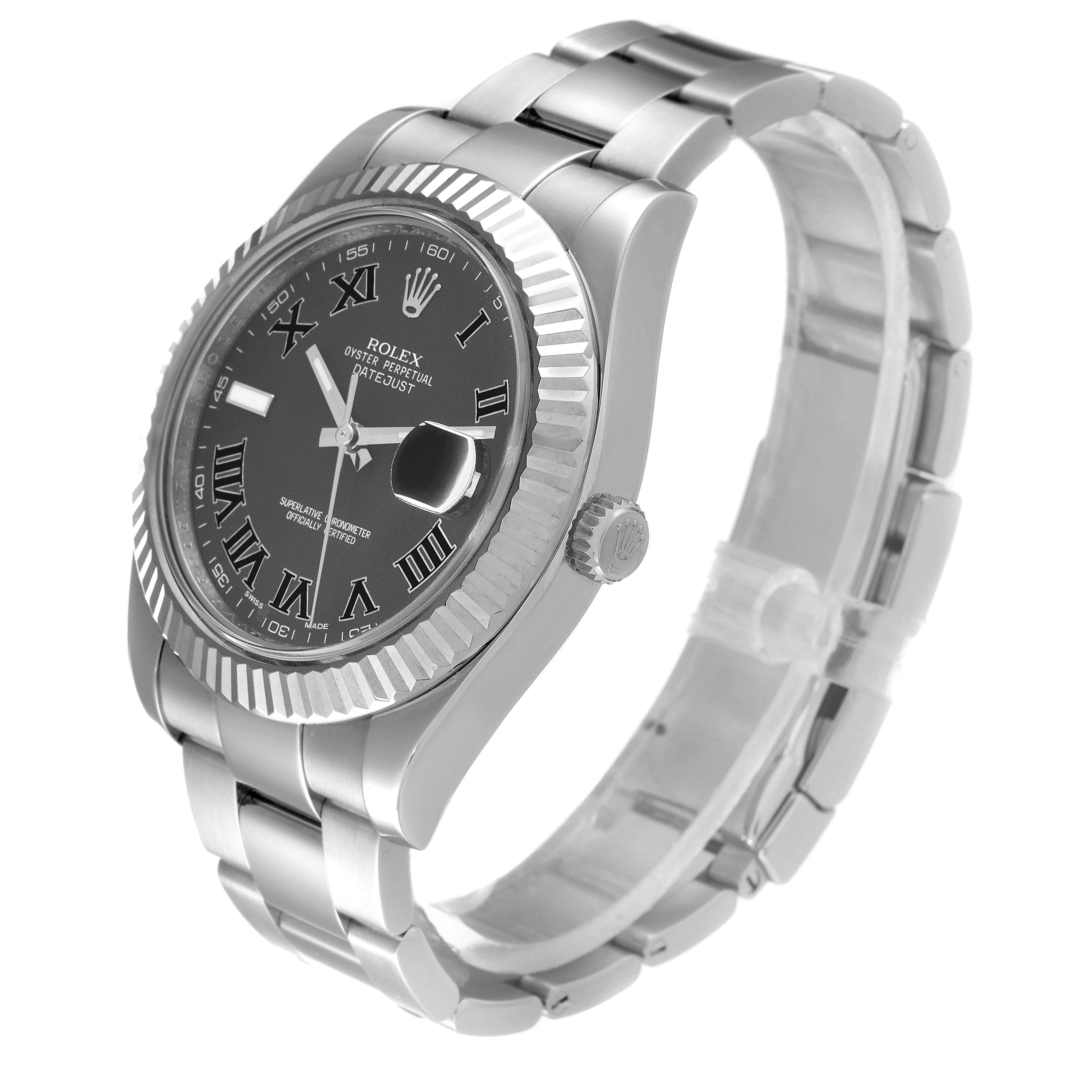 The Rolex Datejust 41 116334 Men
s Stainless Steel Grey Dial 116334 Men
s Stainless Steel Grey Dial watch is shown from an angled perspective highlighting the dial, bezel, crown, and part of the silver bracelet.