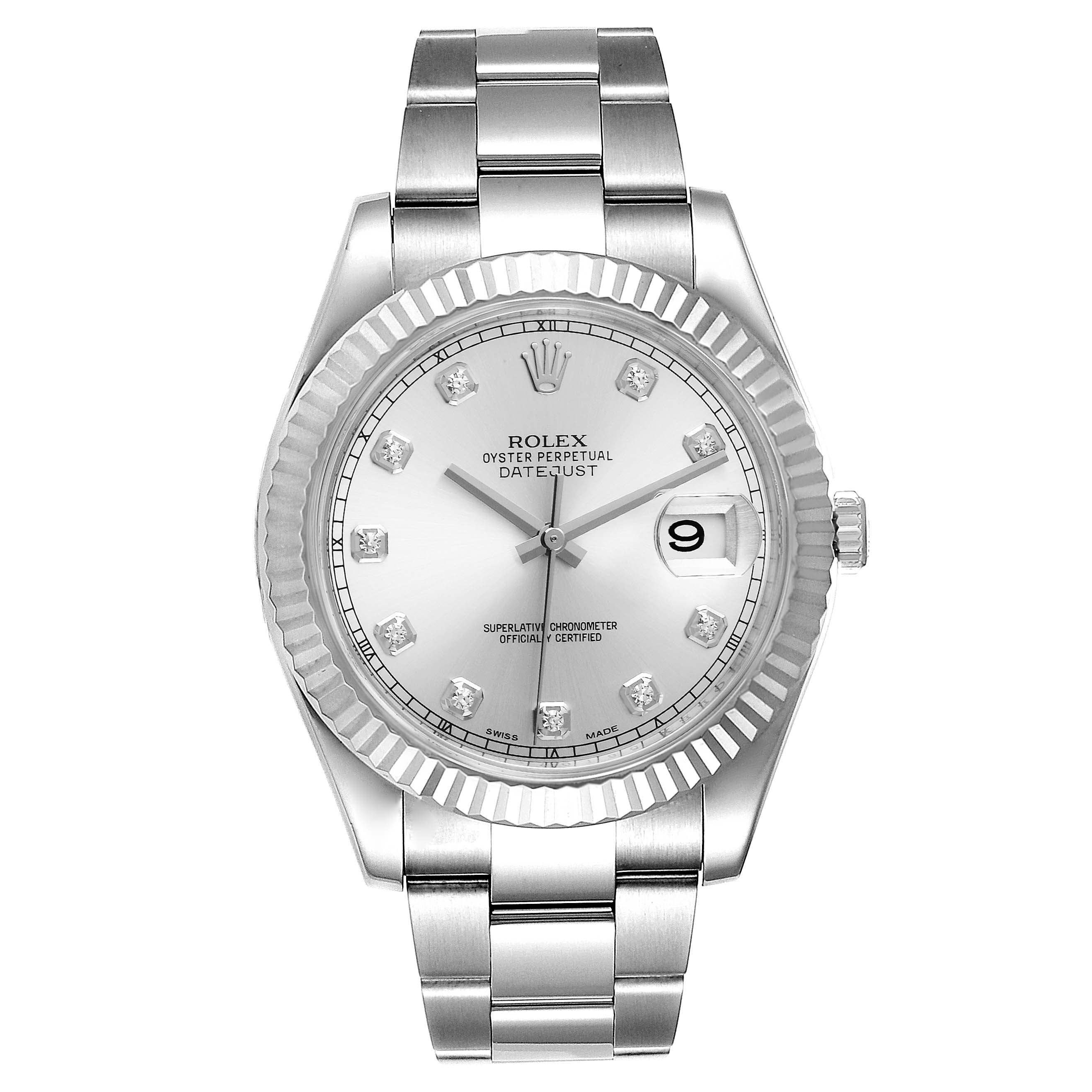 This is a front-facing view of the Rolex Datejust 41 116334 Men
s Stainless Steel Silver Dial 116334 Men
s Stainless Steel Silver Dial watch showing the dial, bracelet, and fluted bezel.