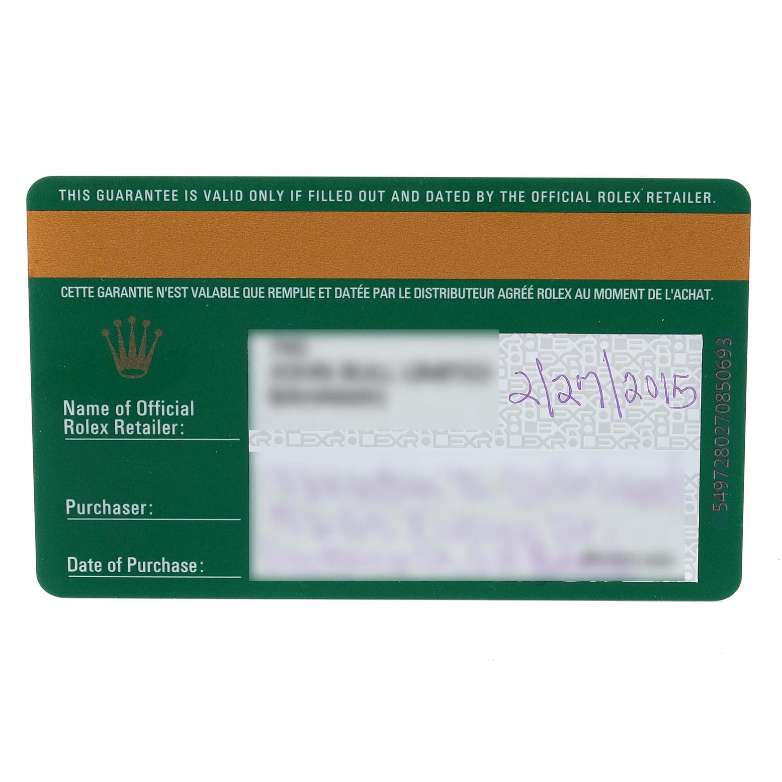 This image shows the guarantee card for the Rolex Datejust 41 116334 Men
s Stainless Steel Silver Dial 116334 Men
s Stainless Steel Silver Dial model.