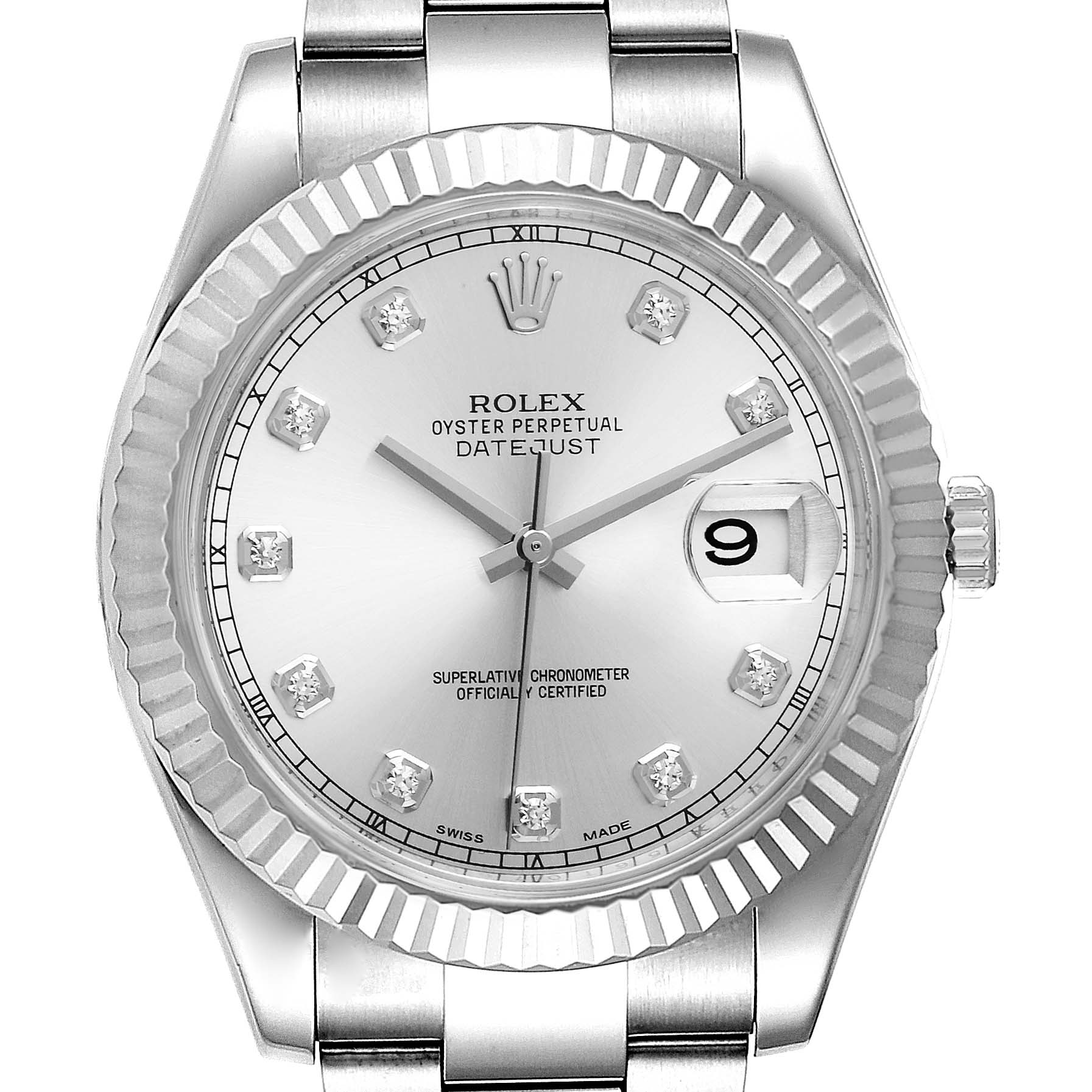 This image shows a front view of the Rolex Datejust 41 116334 Men
s Stainless Steel Silver Dial 116334 Men
s Stainless Steel Silver Dial model, highlighting the dial, bezel, and part of the bracelet.