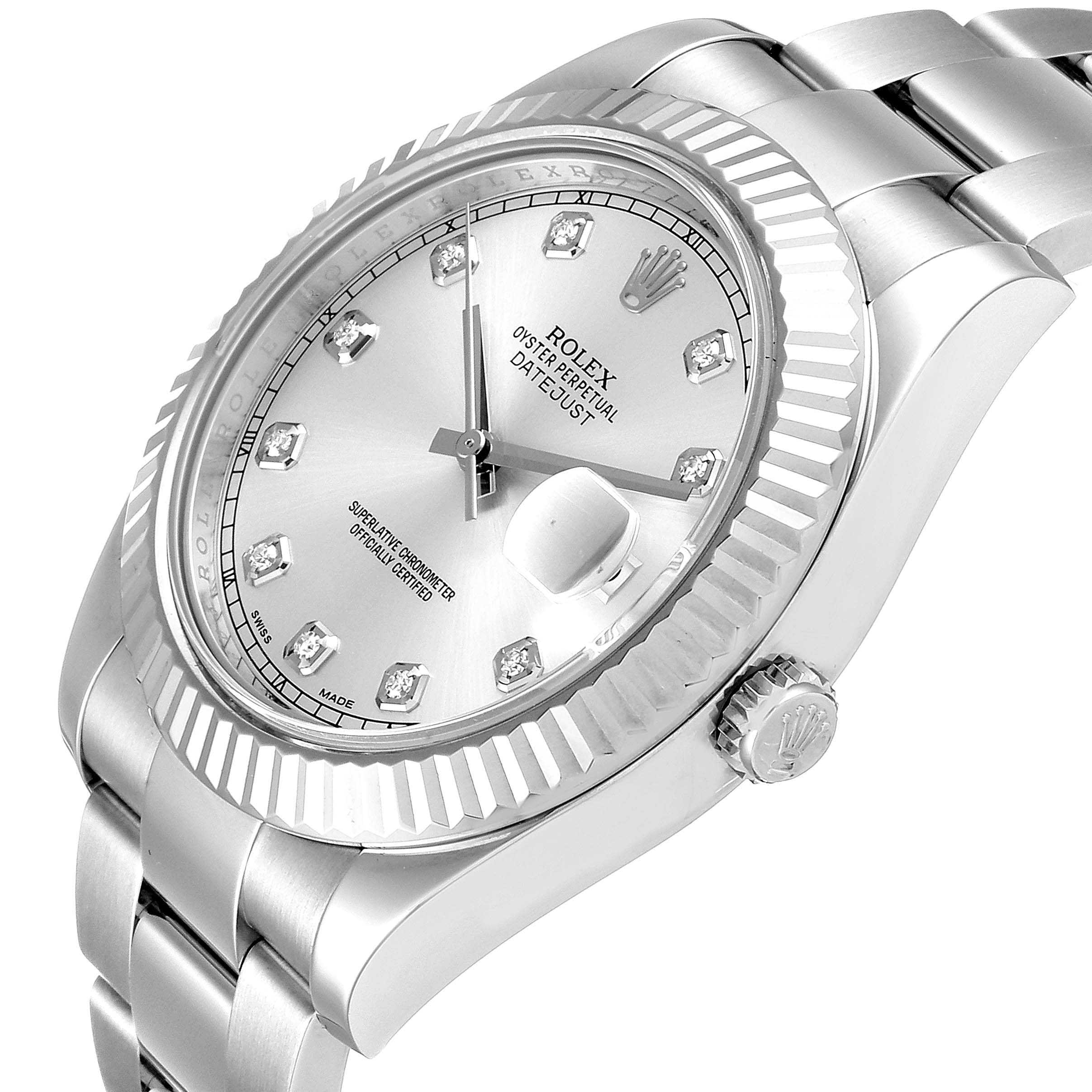 The image shows a close-up angle of the Rolex Datejust 41 116334 Men
s Stainless Steel Silver Dial 116334 Men
s Stainless Steel Silver Dial, highlighting its dial, bezel, and part of the bracelet.