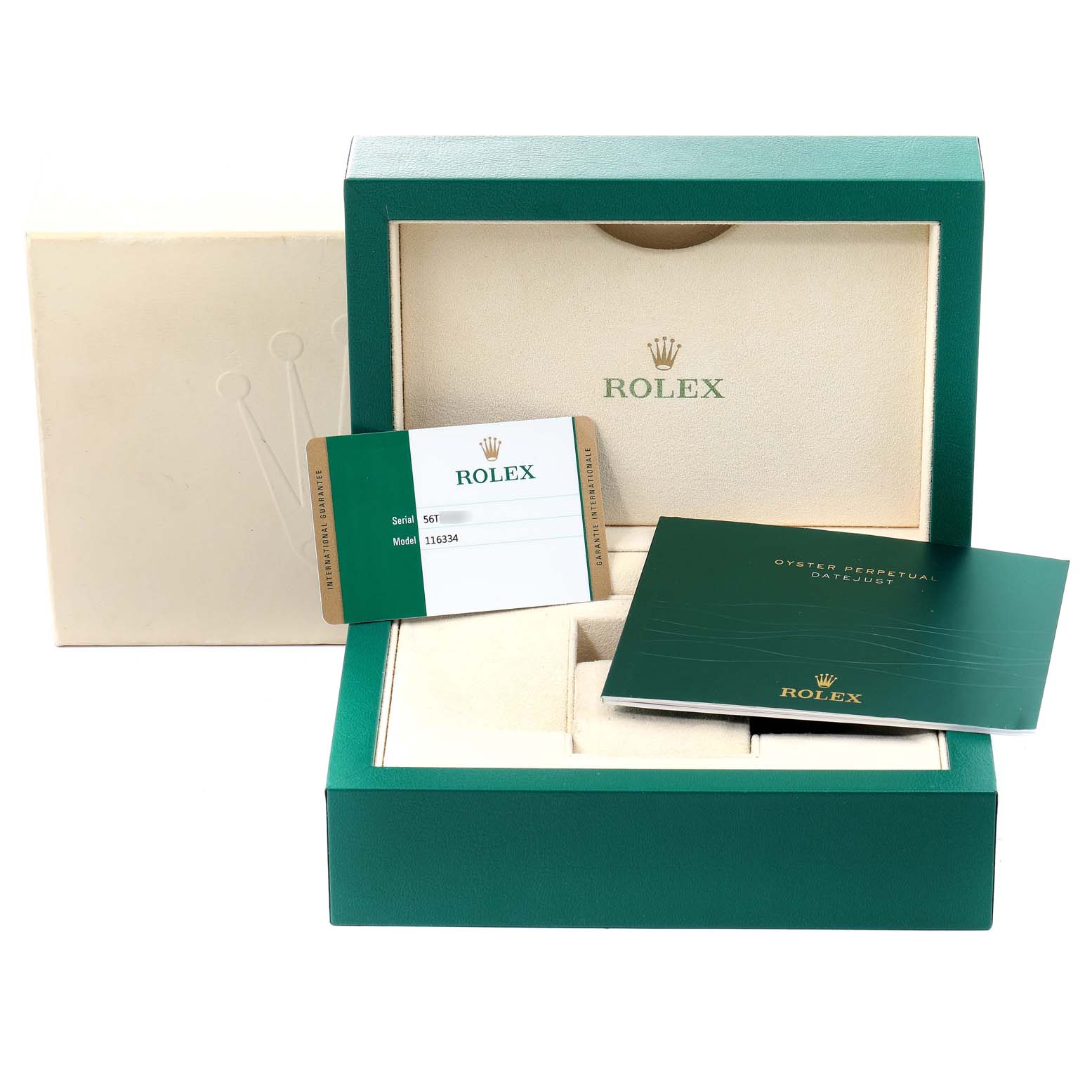 The image shows the packaging, warranty card, and manual for a Rolex Datejust 41 116334 Men
s Stainless Steel Silver Dial 116334 Men
s Stainless Steel Silver Dial model.