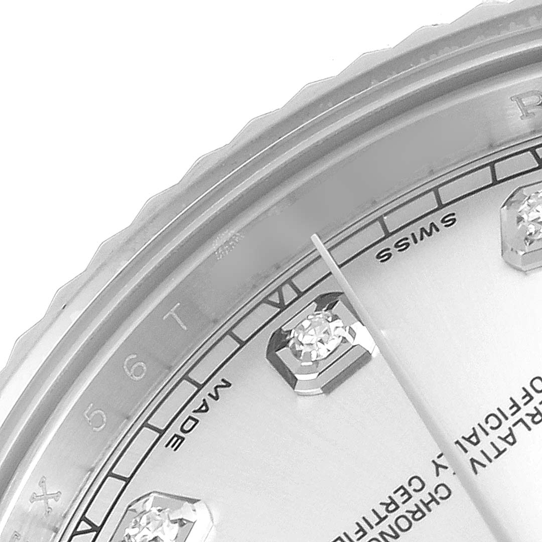 The image shows the partial face and bezel of a Rolex Datejust 41 116334 Men
s Stainless Steel Silver Dial 116334 Men
s Stainless Steel Silver Dial watch, highlighting diamond hour markers, minute markers, and the second hand.