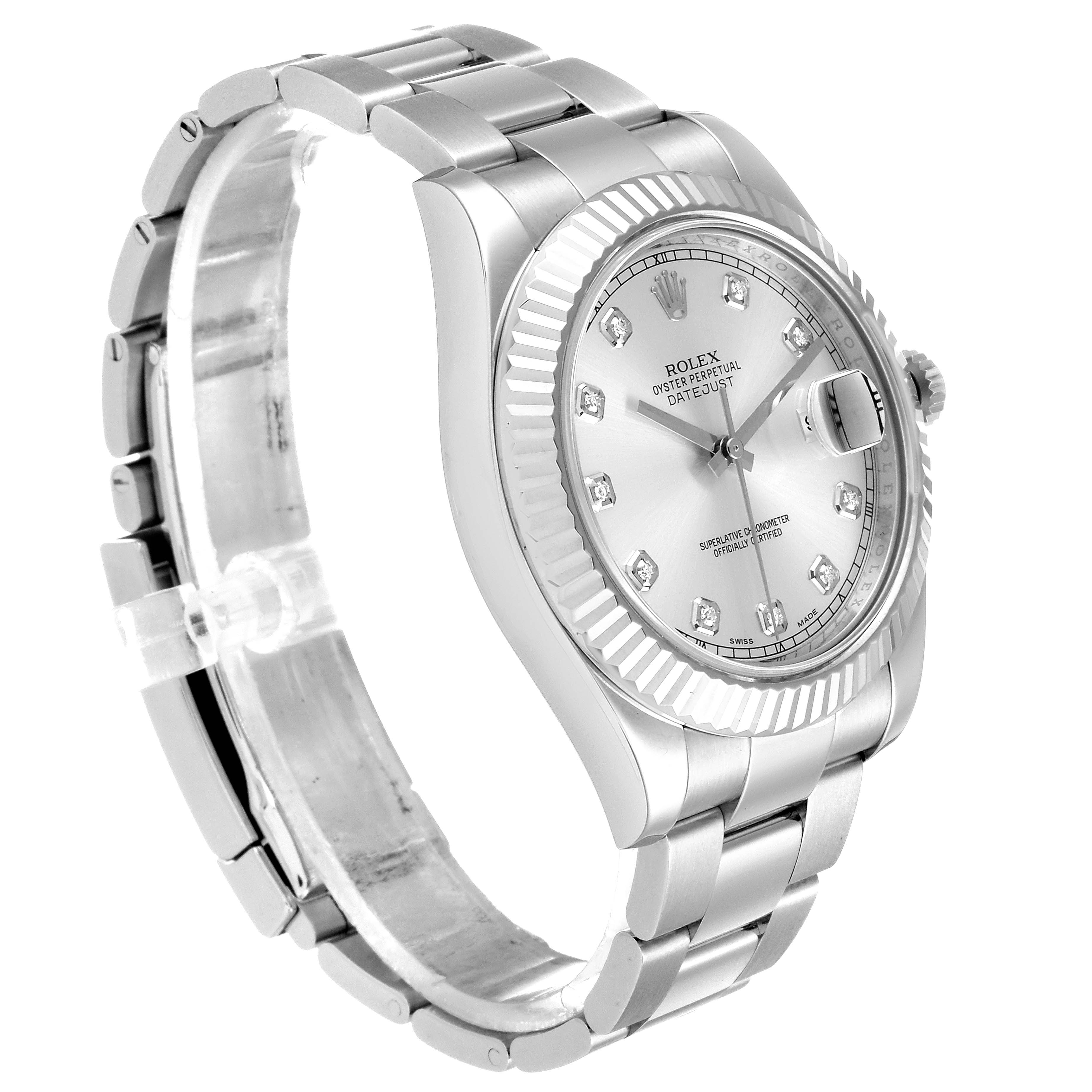 The Rolex Datejust 41 116334 Men
s Stainless Steel Silver Dial 116334 Men
s Stainless Steel Silver Dial watch is shown from an angled side view, highlighting its silver dial, fluted bezel, and metal bracelet.