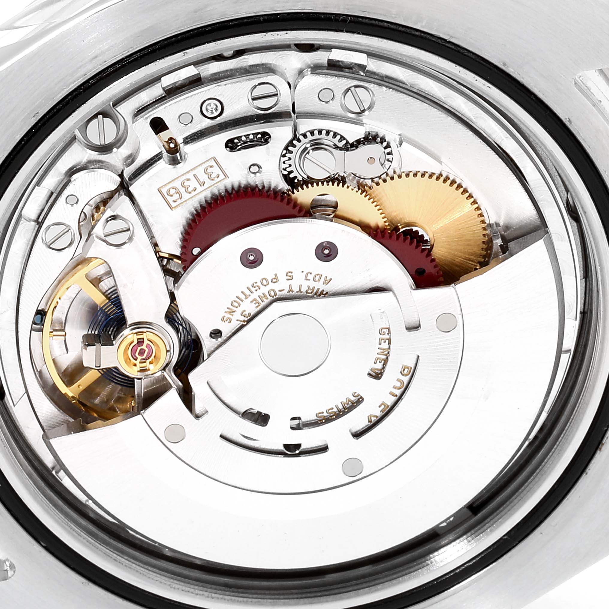 The image shows a close-up view of the internal movement and gears of the Rolex Datejust 41 116334 Men
s Stainless Steel Silver Dial 116334 Men
s Stainless Steel Silver Dial watch.