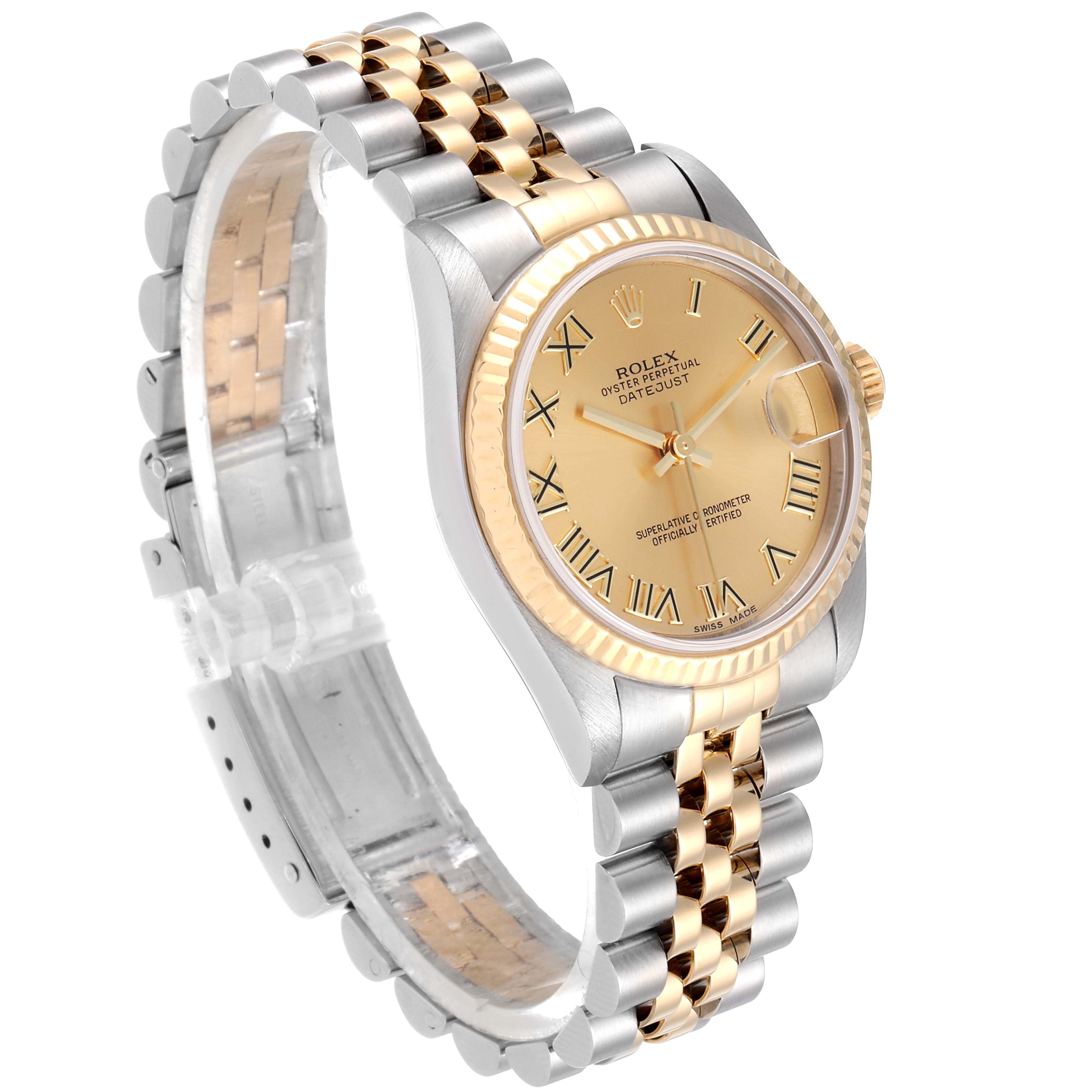The Rolex Mid-Size 78273 Women's Steel and Gold (two tone) Champagne Dial 78273 Women's Steel and Gold (two tone) Champagne Dial Datejust watch is shown at a three-quarter angle, highlighting the gold and silver Jubilee bracelet and champagne dial.