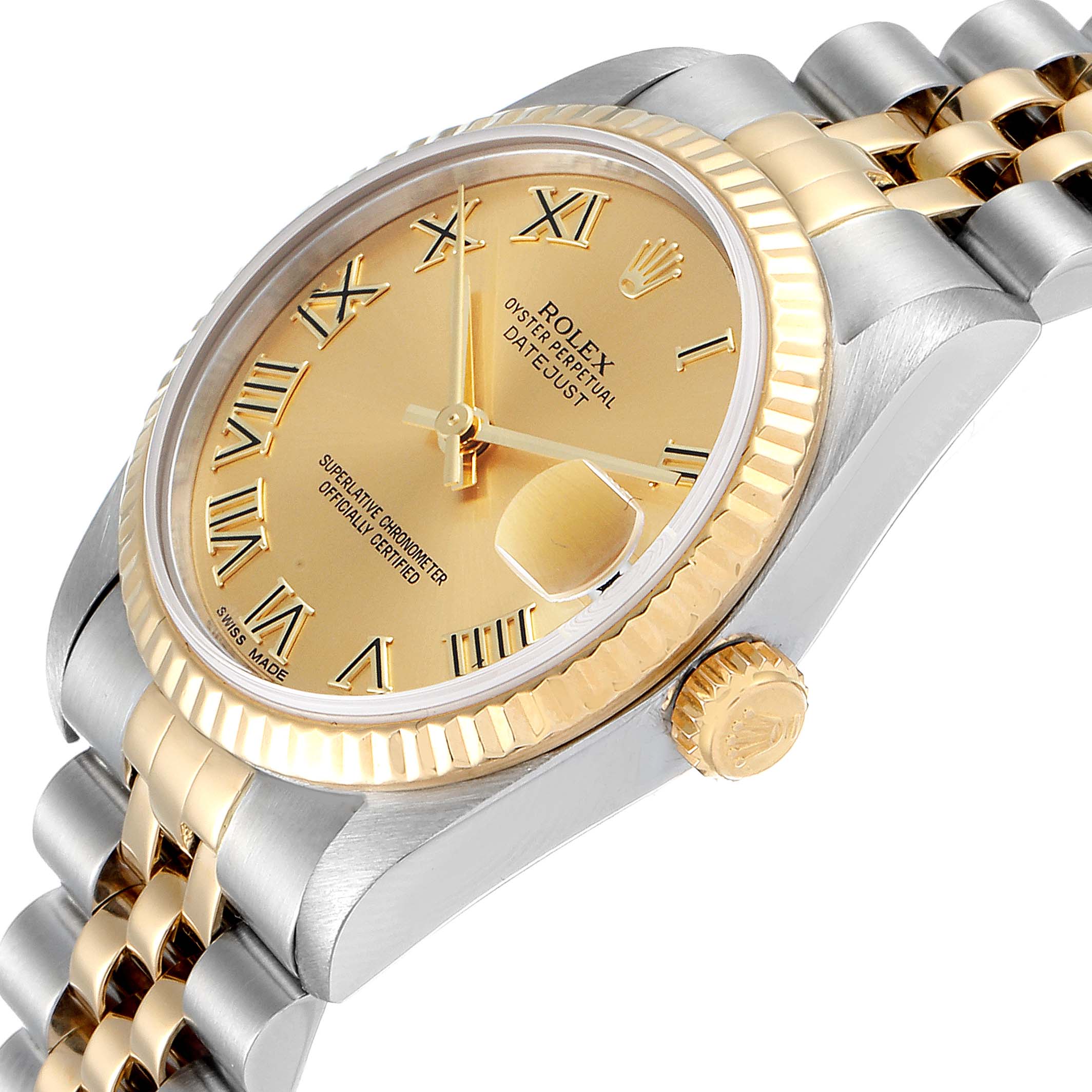 The image shows a side angle of a Rolex Mid-Size 78273 Women's Steel and Gold (two tone) Champagne Dial 78273 Women's Steel and Gold (two tone) Champagne Dial Datejust watch, highlighting its gold dial, bezel, and part of the bracelet.