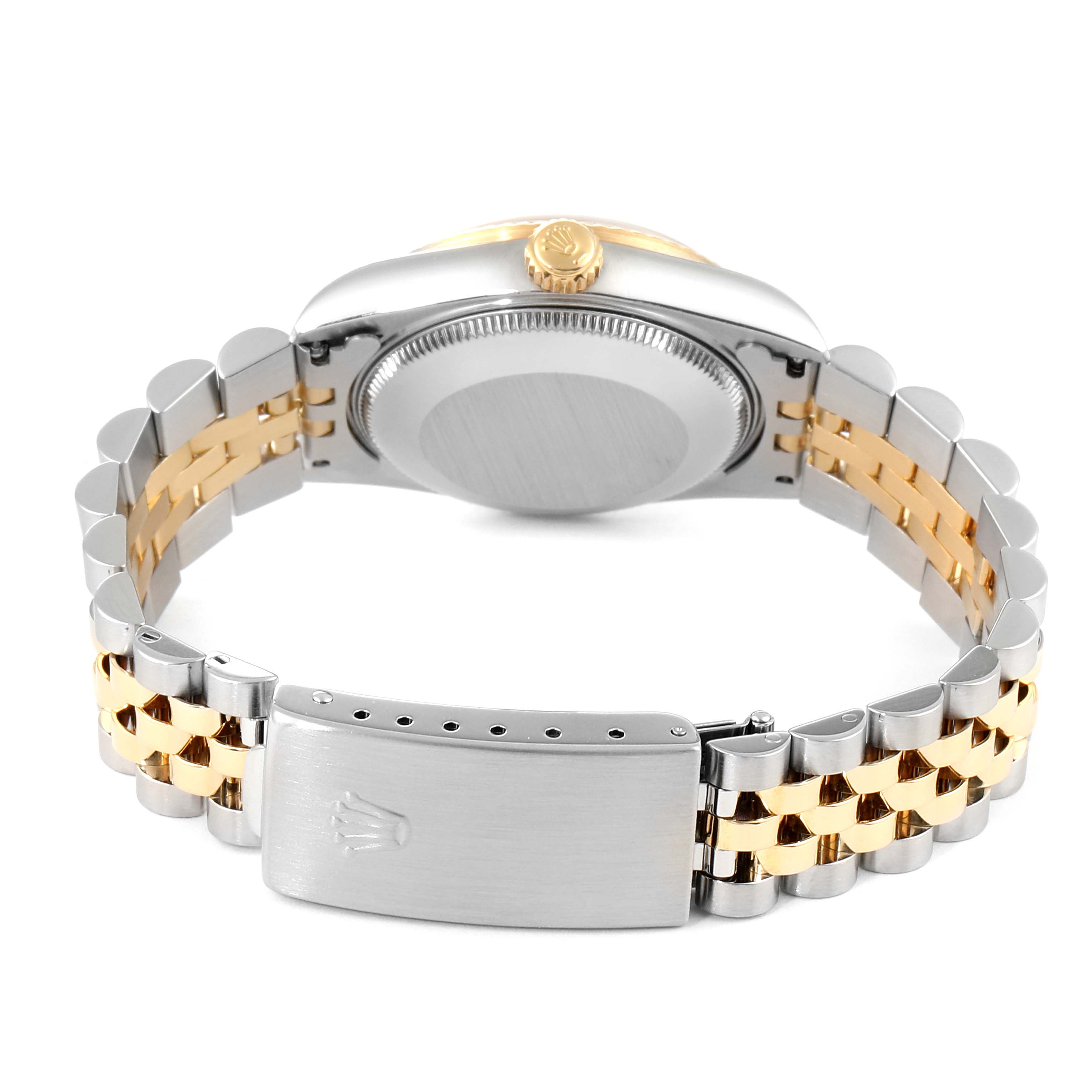 The image shows the backside of a Rolex Mid-Size 78273 Women's Steel and Gold (two tone) Champagne Dial 78273 Women's Steel and Gold (two tone) Champagne Dial watch, highlighting the bracelet clasp, back case, and crown.