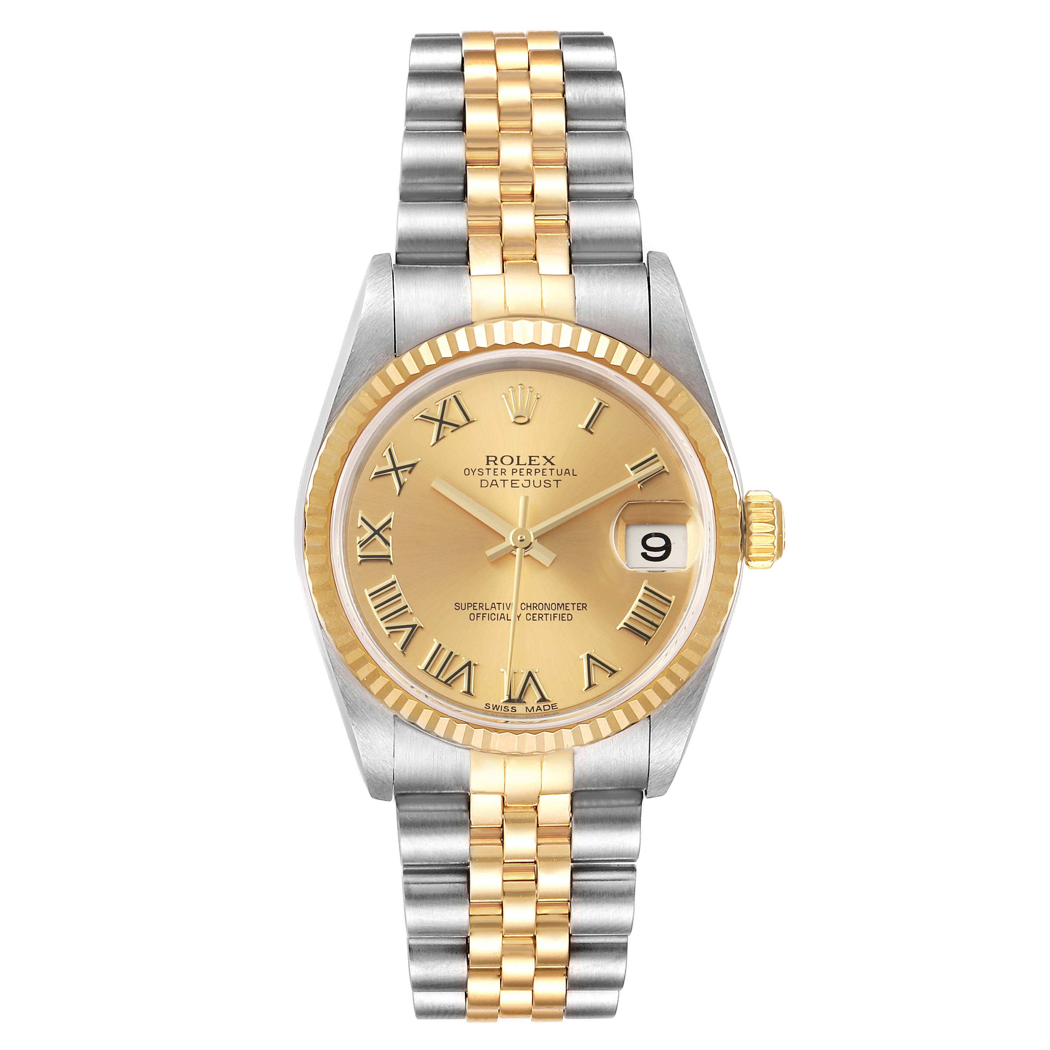 This is a front view of a Rolex Datejust Mid-Size watch with a gold and silver Jubilee bracelet and a champagne dial.