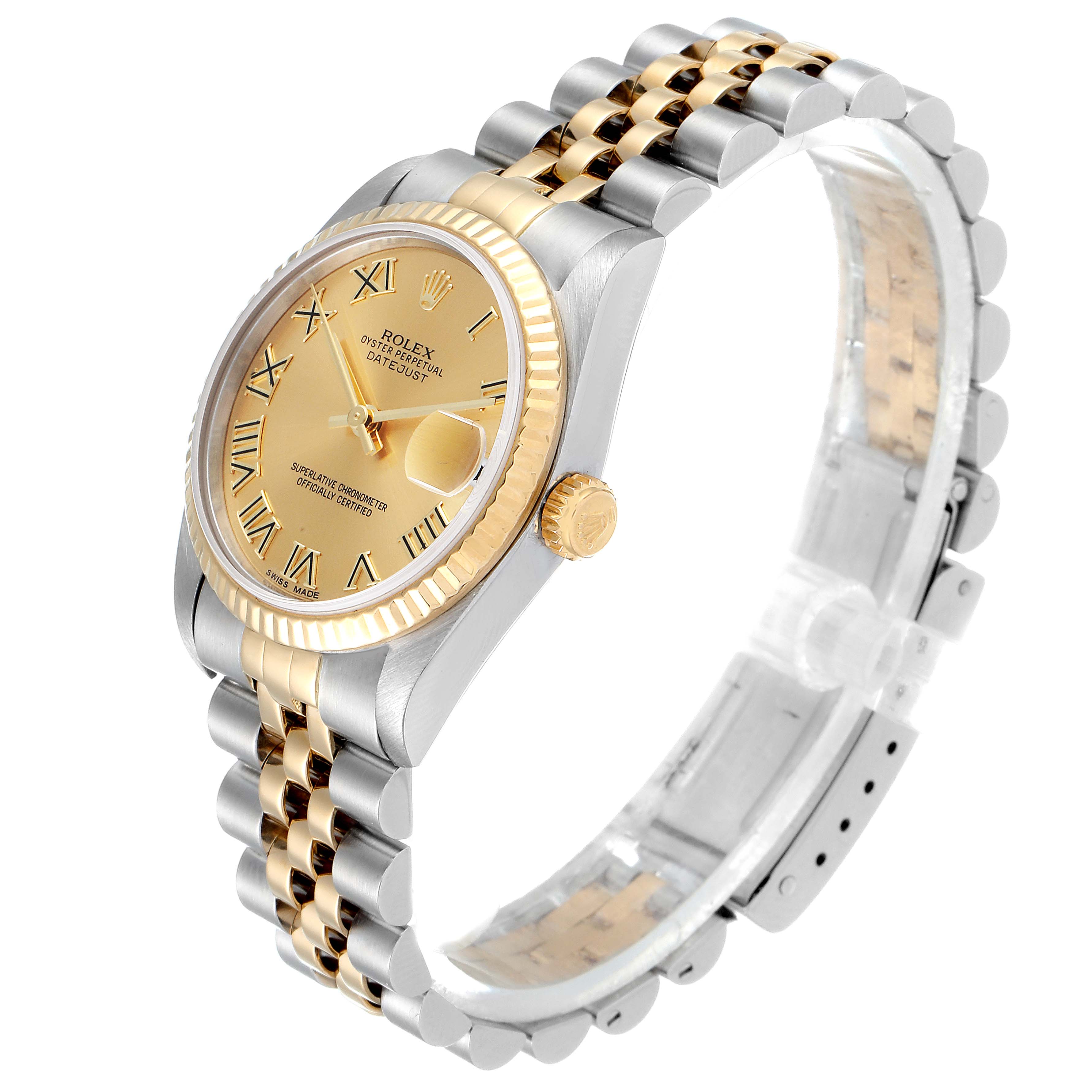The Rolex Mid-Size 78273 Women's Steel and Gold (two tone) Champagne Dial 78273 Women's Steel and Gold (two tone) Champagne Dial model watch is shown at a slight angle, displaying its face, bezel, crown, and part of the bracelet.
