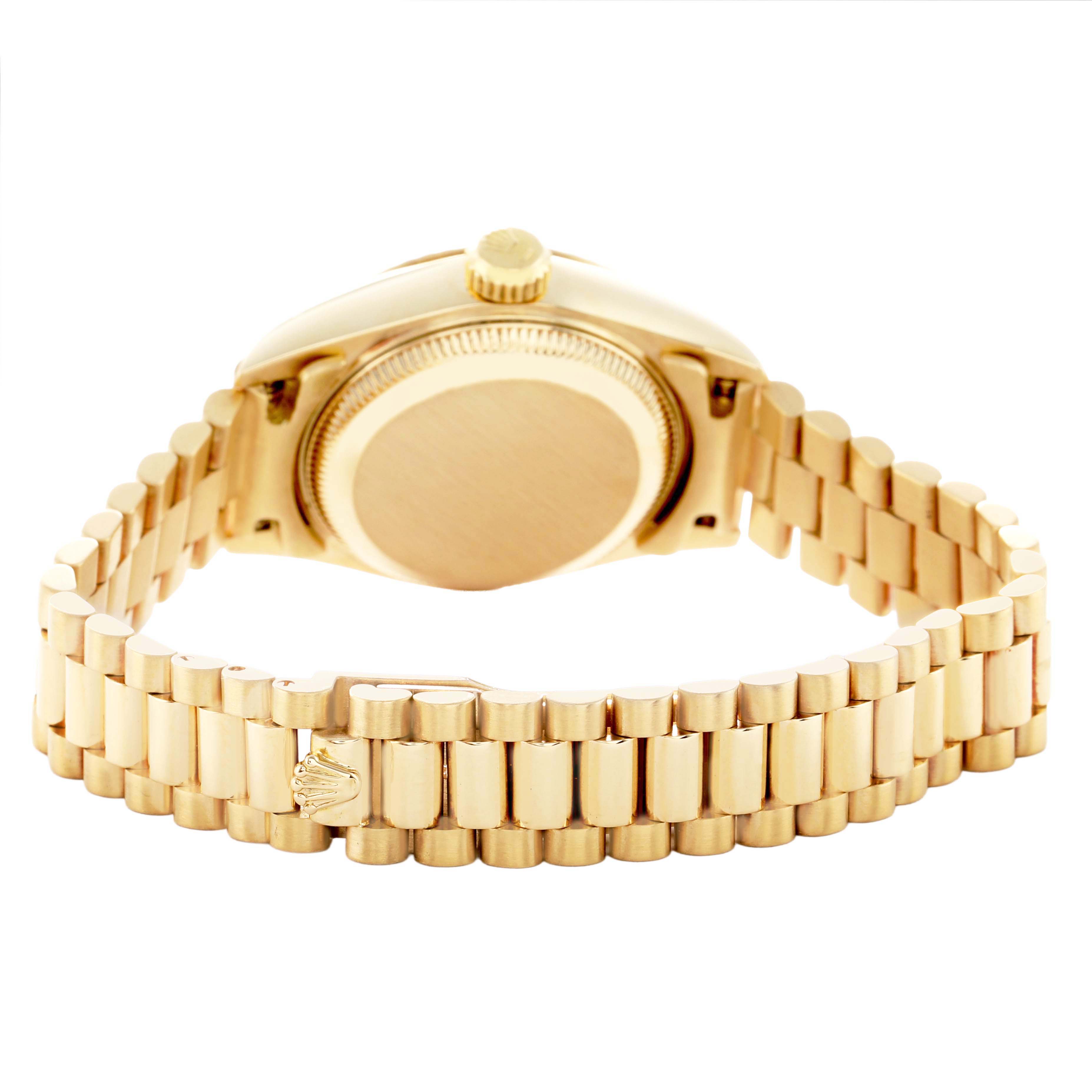 The image shows the back of a Rolex President 69178 Women's Yellow Gold Mother of Pearl Dial model, highlighting the case back, bracelet, and clasp from a rear angle.