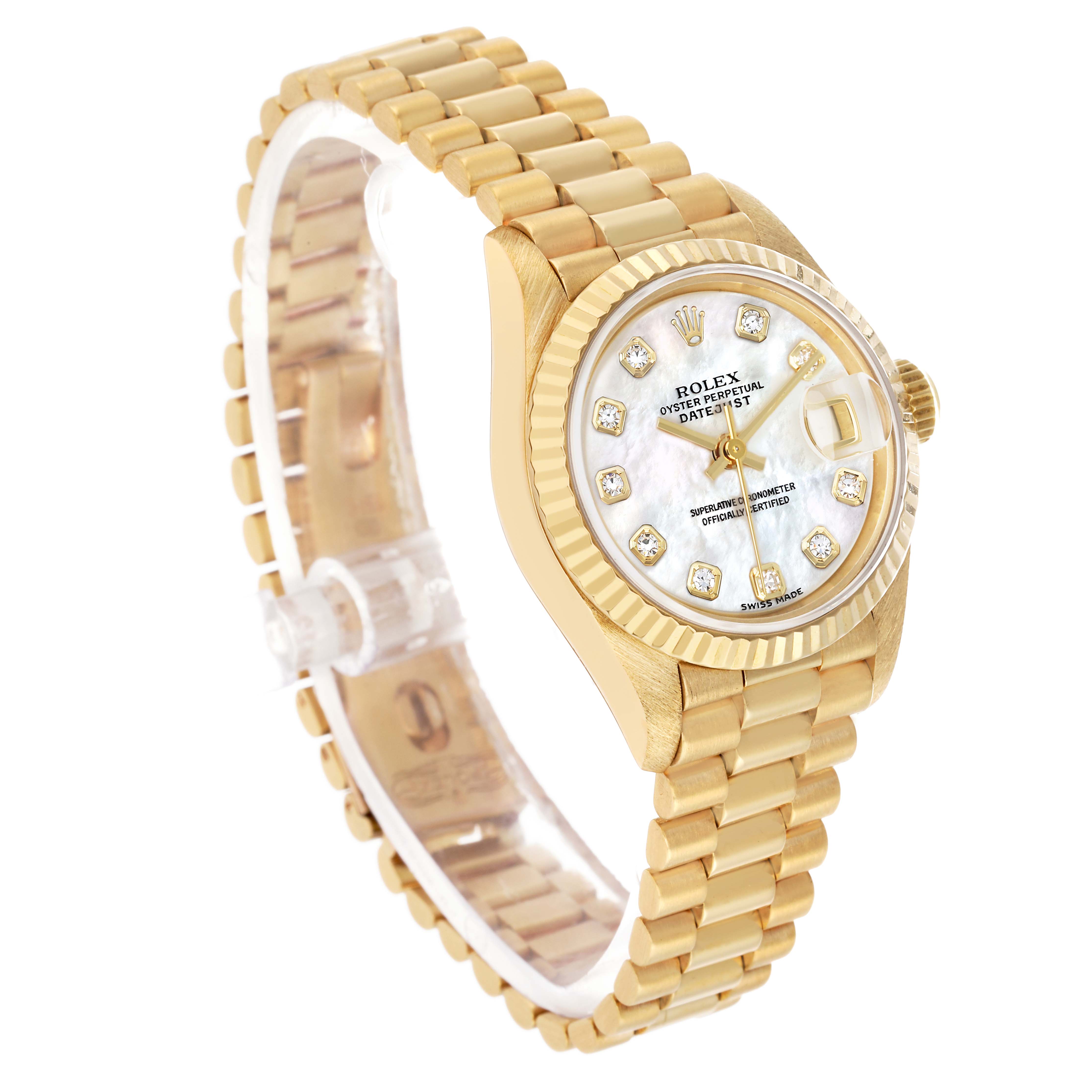 The Rolex President 69178 Women's Yellow Gold Mother of Pearl Dial watch is shown at an angled view, highlighting the gold case, fluted bezel, and the bracelet.