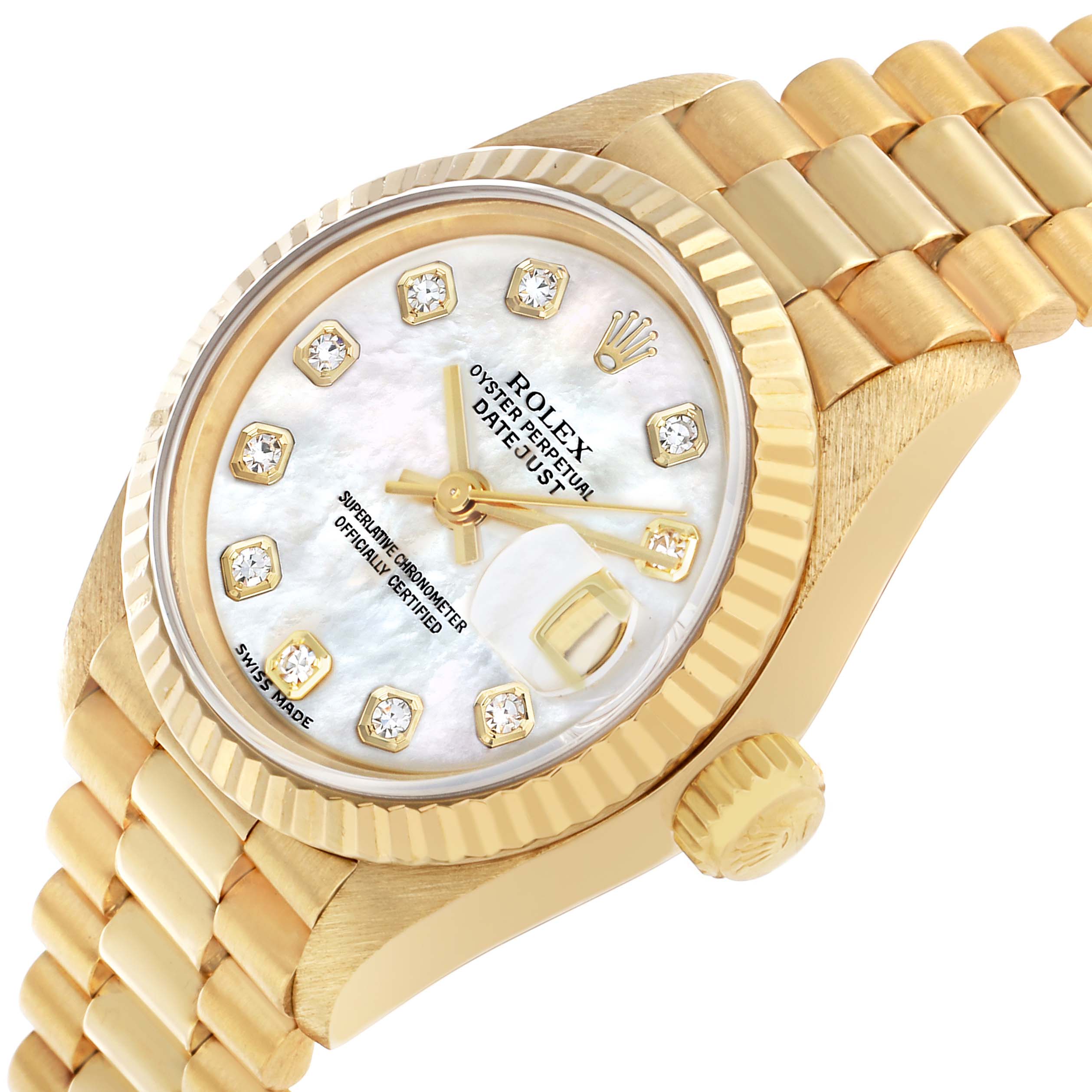 The Rolex President 69178 Women's Yellow Gold Mother of Pearl Dial model watch is shown at an angled view, displaying its gold bracelet, bezel, dial, and crown.