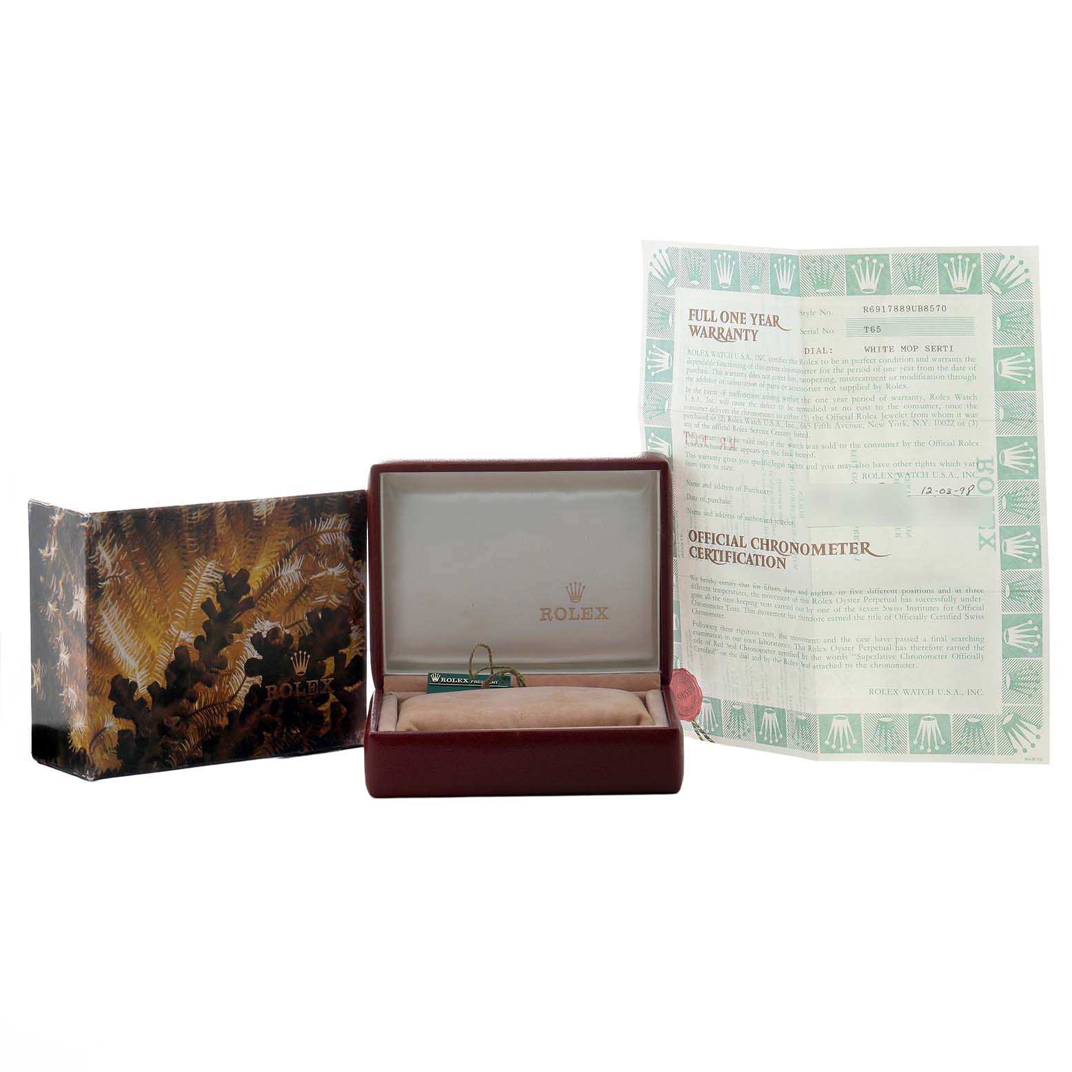 The image shows the packaging and paperwork for a Rolex President 69178 Women's Yellow Gold Mother of Pearl Dial model, including a box and official documentation.