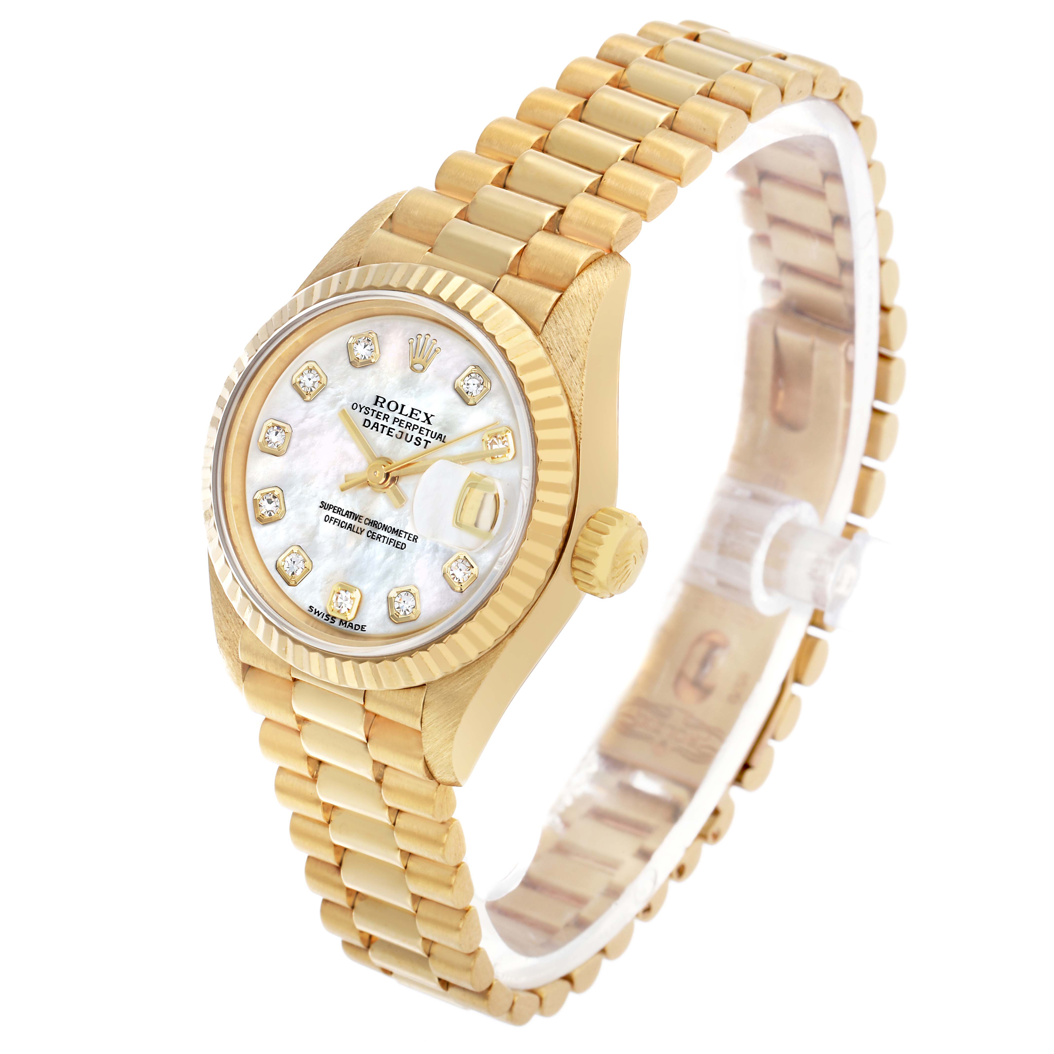 The Rolex President 69178 Women's Yellow Gold Mother of Pearl Dial model is shown at a slight angle, displaying the bracelet, crown, bezel, and diamond markers on the dial.