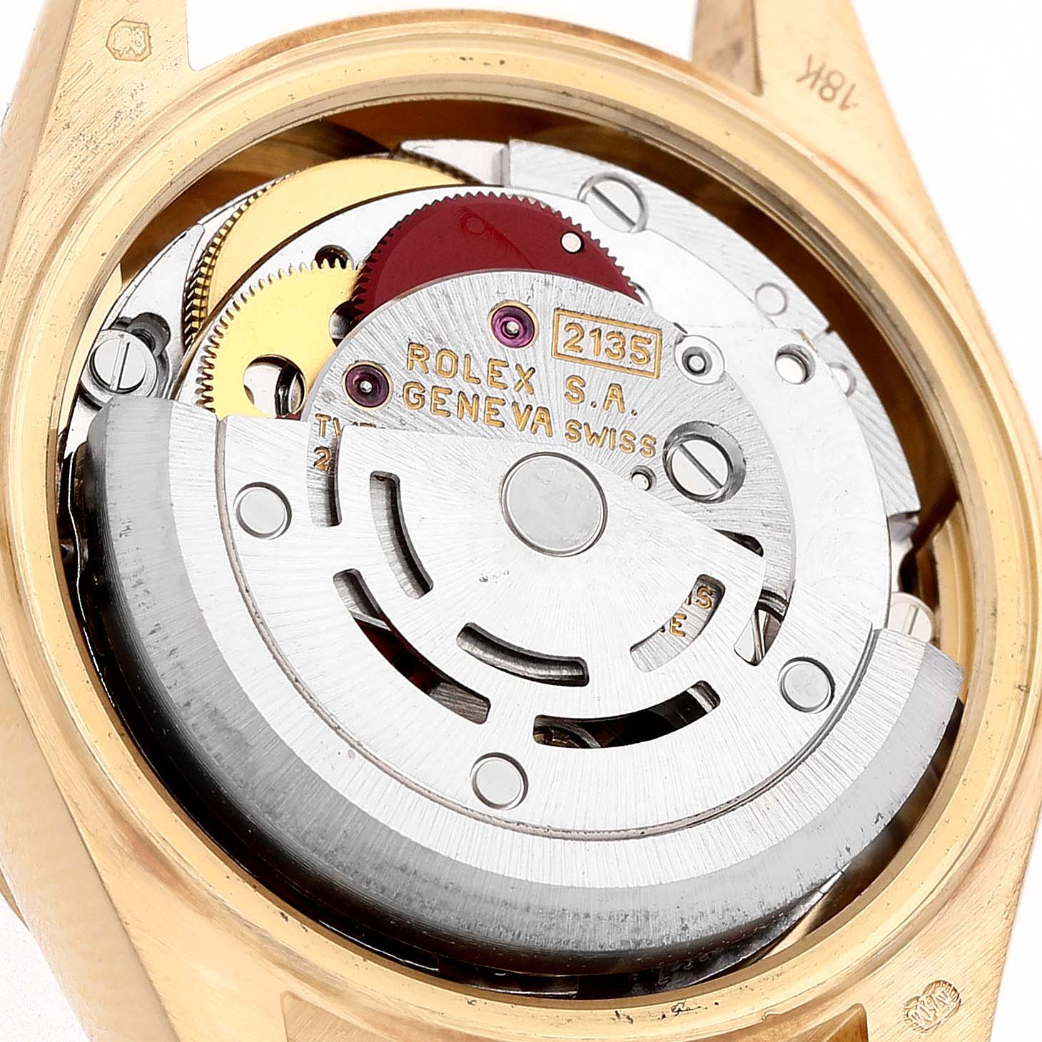 The image shows the movement and inner mechanism of a Rolex President 69178 Women's Yellow Gold Mother of Pearl Dial model from a rear angle.