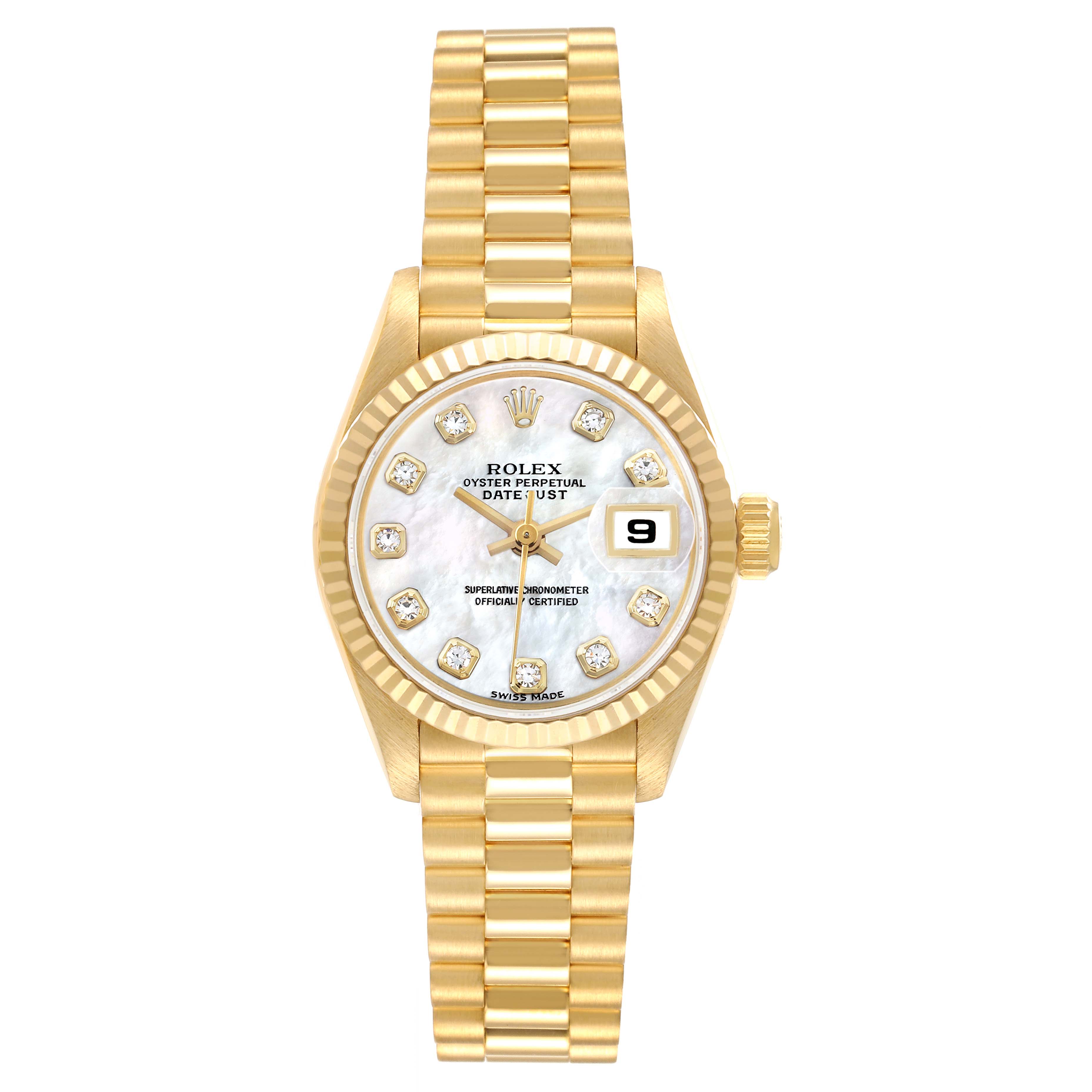 The Rolex President 69178 Women's Yellow Gold Mother of Pearl Dial model watch is shown from a top-down angle, displaying its gold case, fluted bezel, pearl dial, and bracelet.