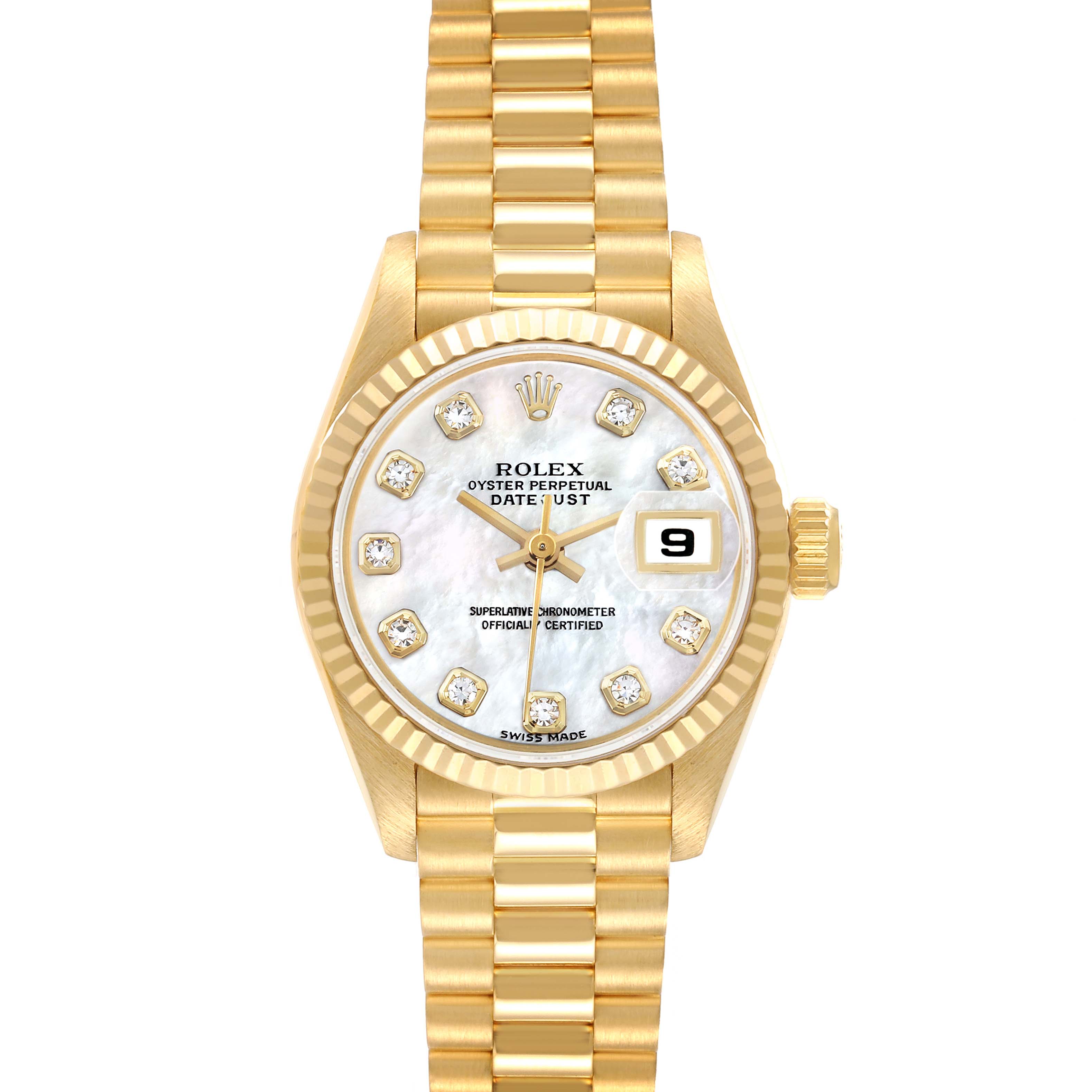 The image shows a frontal view of a Rolex President 69178 Women's Yellow Gold Mother of Pearl Dial model watch, highlighting the gold bezel, dial, and bracelet.