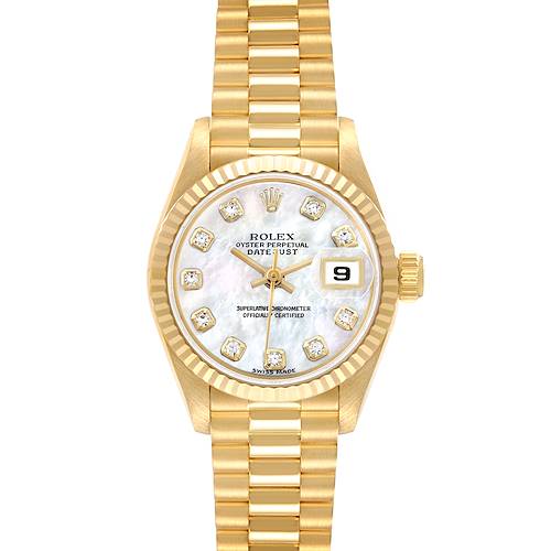 The Rolex President 69178 Women's Yellow Gold Mother of Pearl Dial model watch is shown from a top view displaying its gold bracelet, fluted bezel, and diamond hour markers.